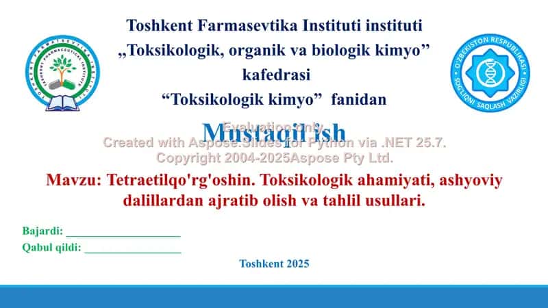 10. Tetraetilqo'rg'oshin. Toksikologik ahamiyati, ashyoviy dalillardan ajratib olish va tahlil usullari. Taqdimot 16 bet 1