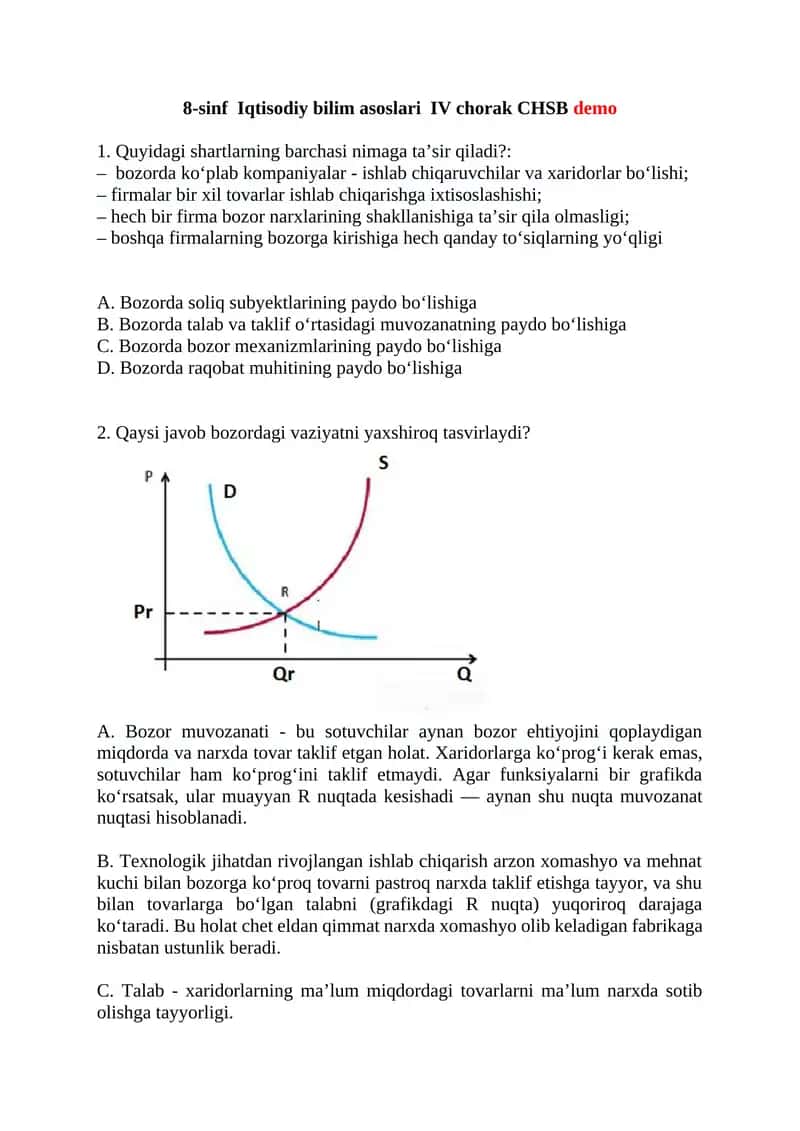 8-sinf Iqtisodiy bilim asoslari IV chorak CHSB demo 1