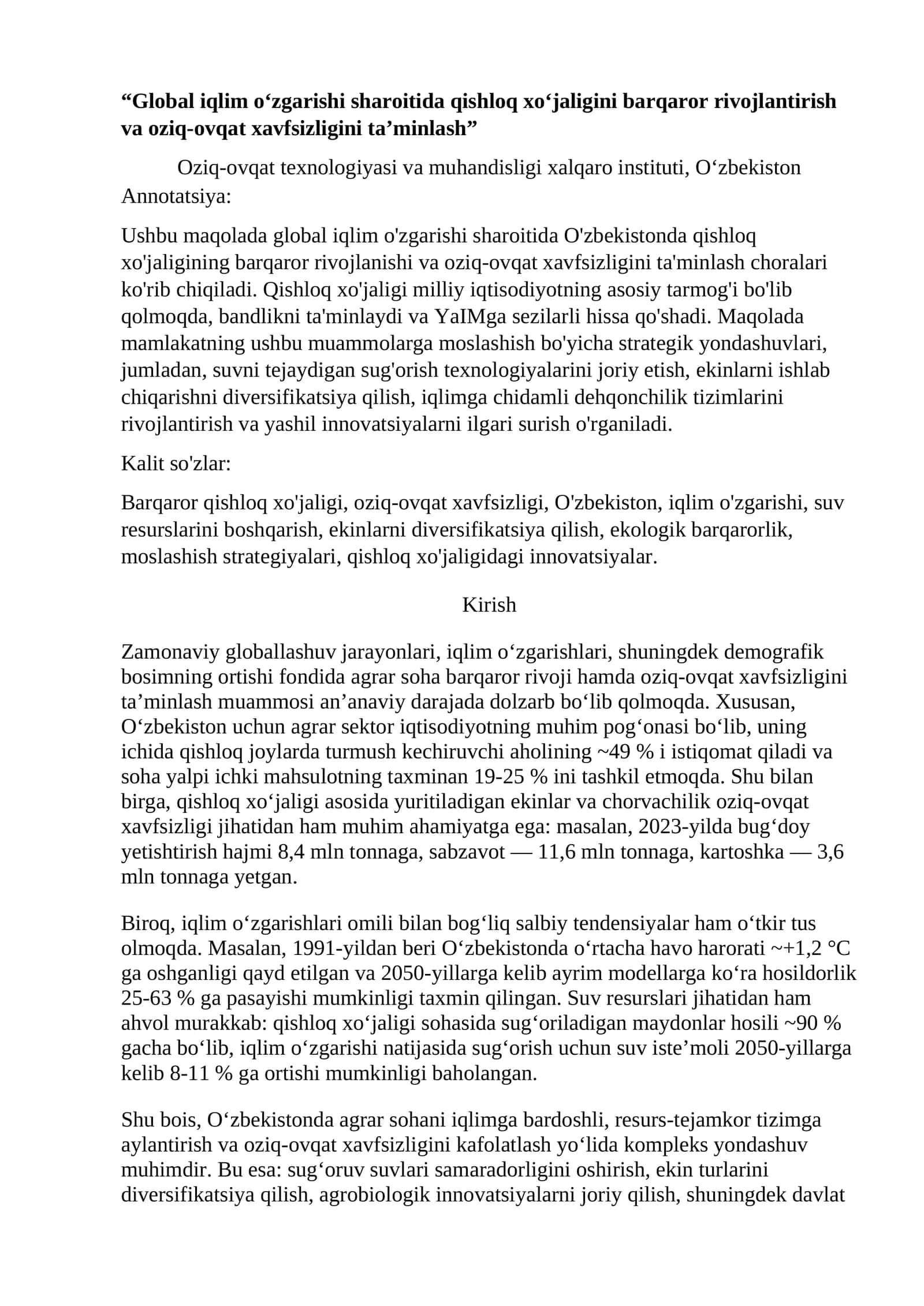 Global iqlim o‘zgarishi sharoitida qishloq xo‘jaligini barqaror rivojlantirish va oziq-ovqat xavfsizligini ta’minlash 1