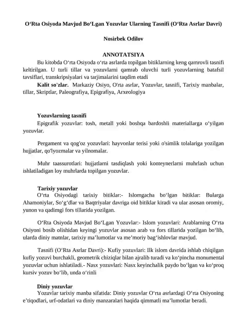 OʻRta Osiyoda Mavjud BoʻLgan Yozuvlar Ularning Tasnifi (OʻRta Asrlar Davri)