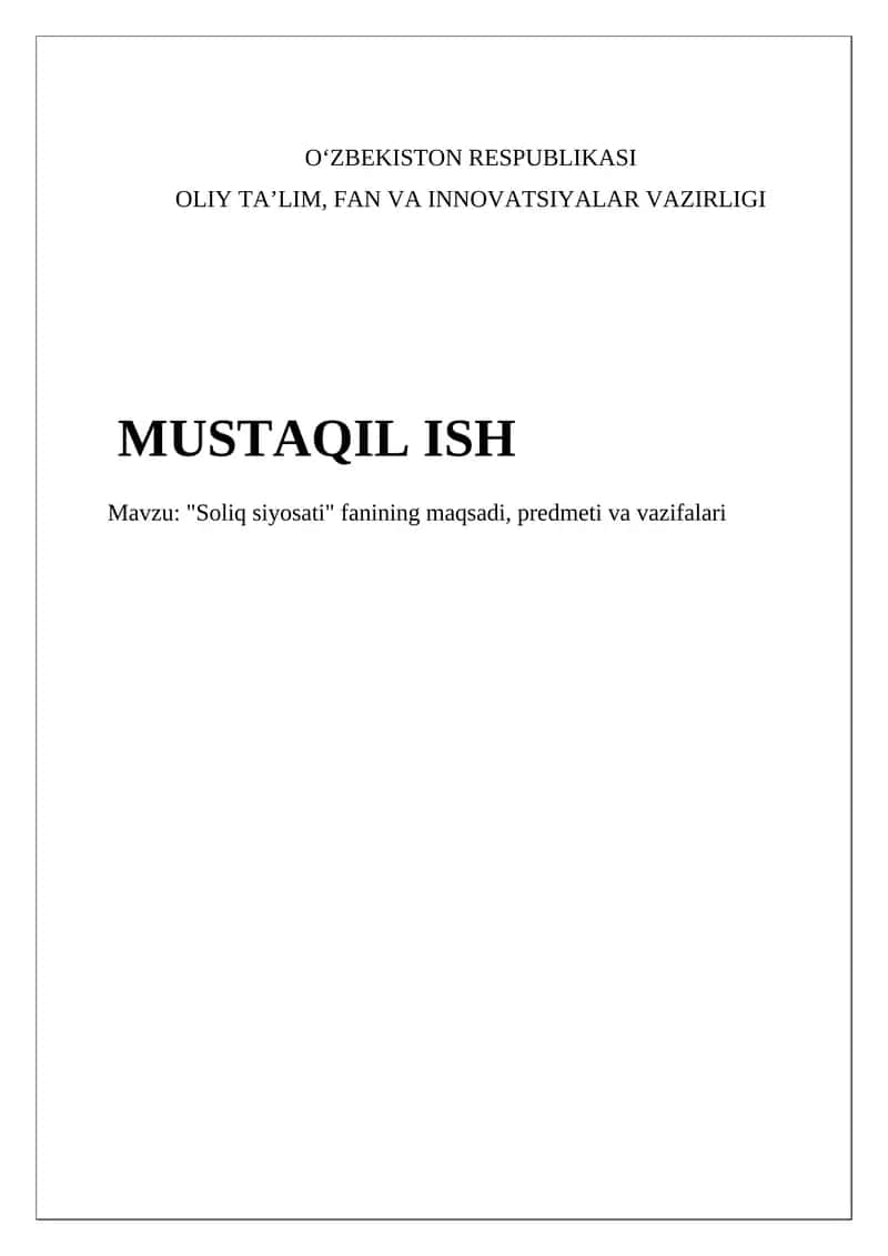 Soliq siyosati fanining maqsadi, predmeti va vazifalari 1