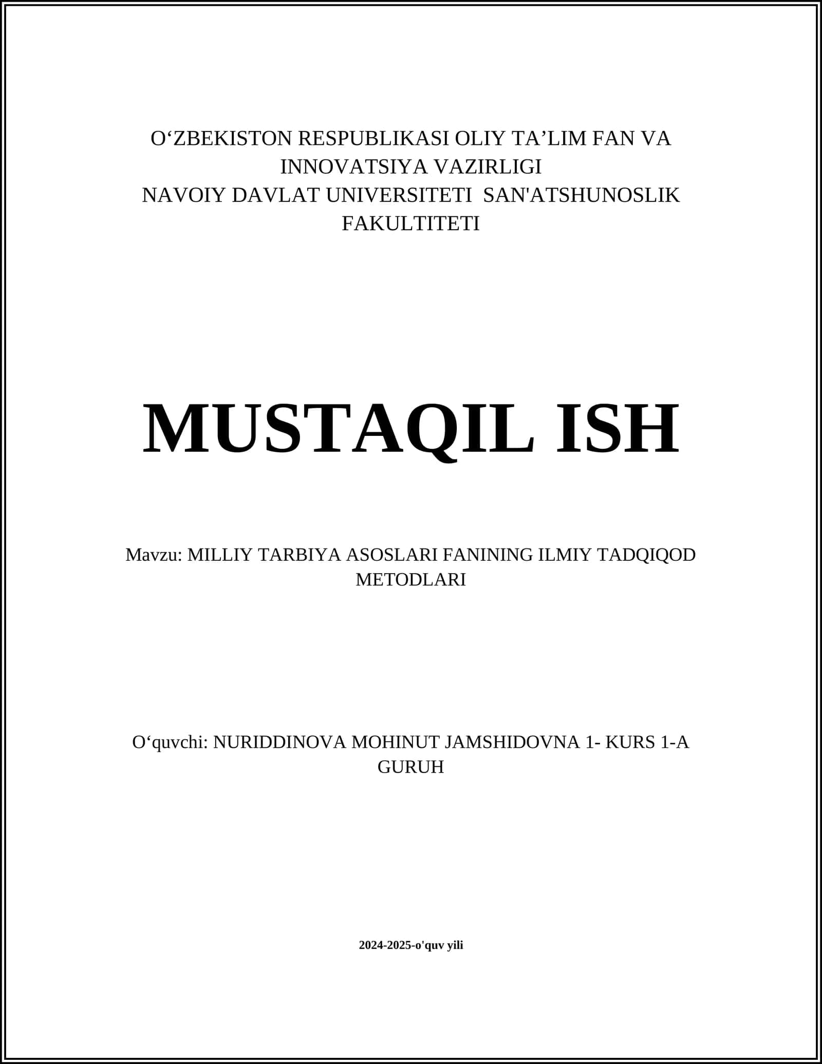 MILLIY TARBIYA ASOSLARI FANINING ILMIY TADQIQOD METODLARI 1