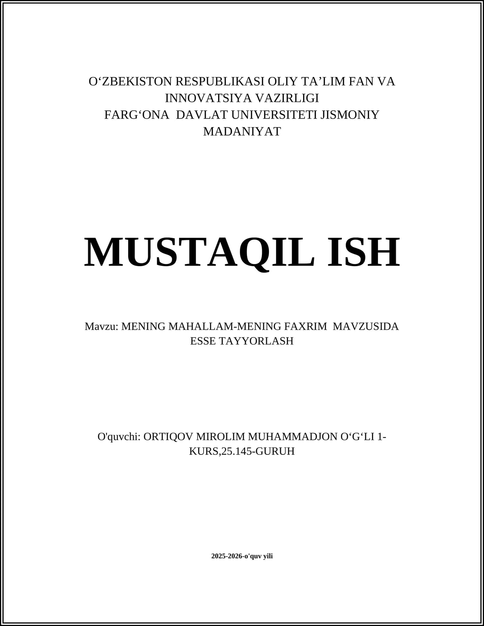 MENING MAHALLAM-MENING FAXRIM MAVZUSIDA ESSE TAYYORLASH 1