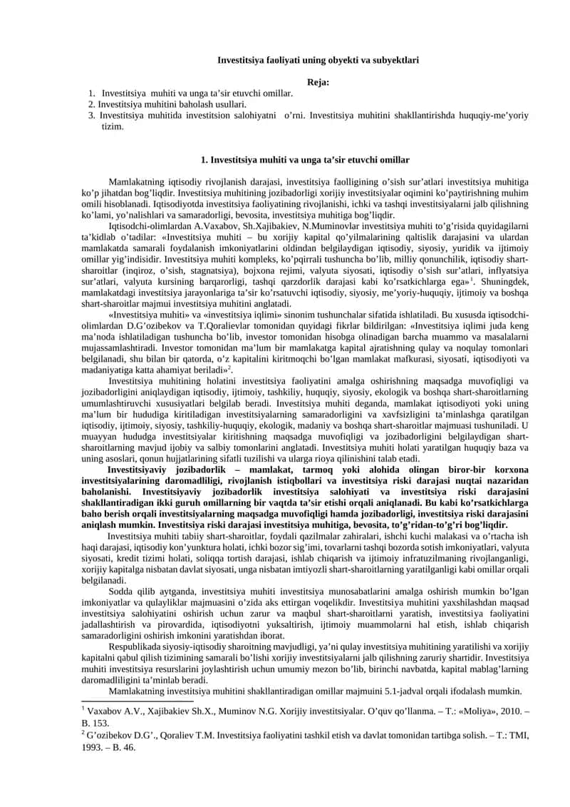Investitsiya faoliyati uning obyekti va subyektlari 1