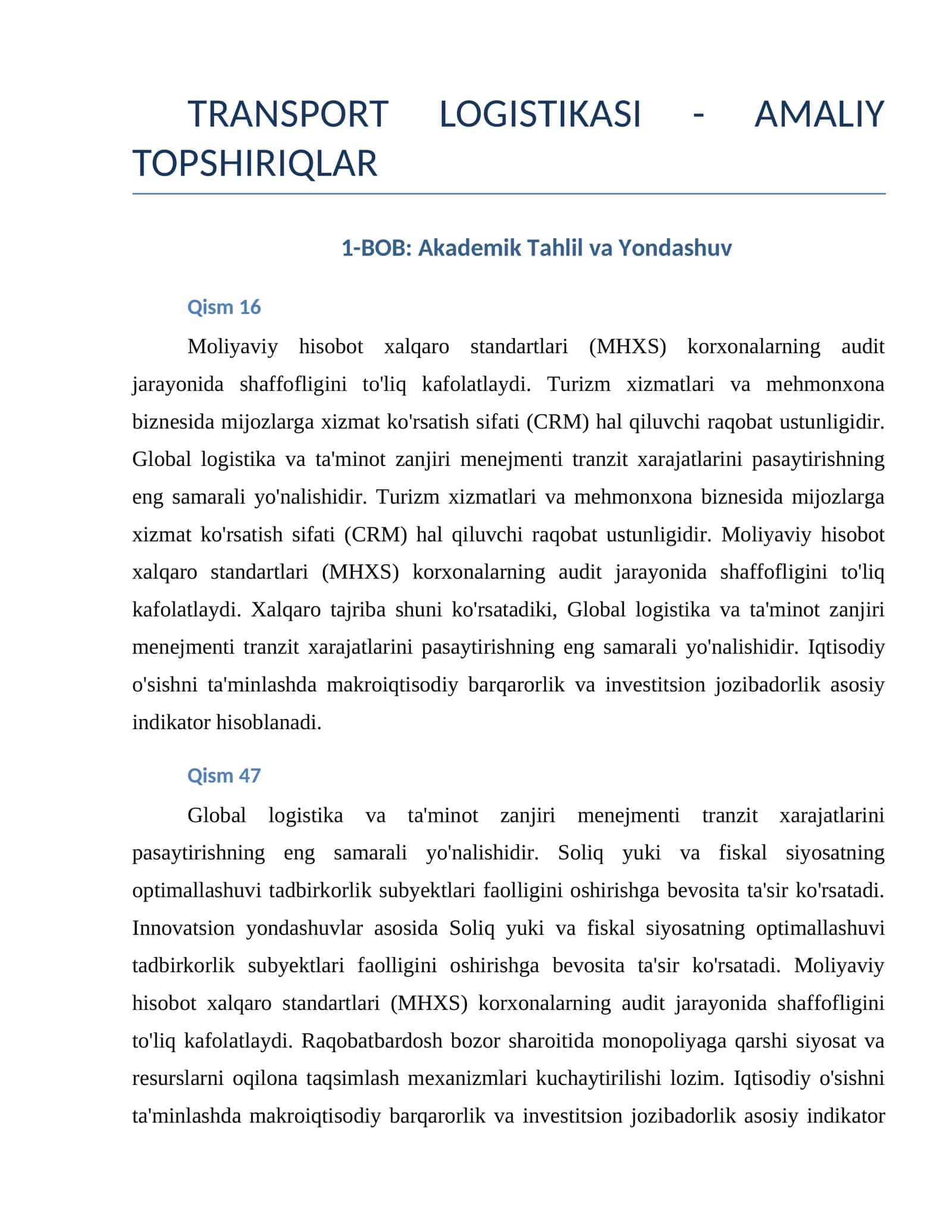 TRANSPORT LOGISTIKASI - AMALIY TOPSHIRIQLAR 1