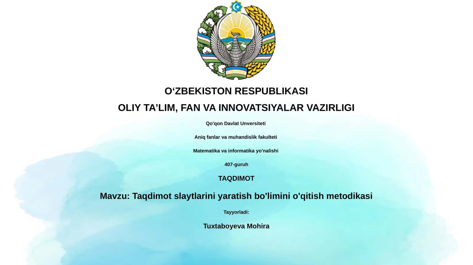 Taqdimot slaytlarini yaratish bo'limini o'qitish metodikasi 1