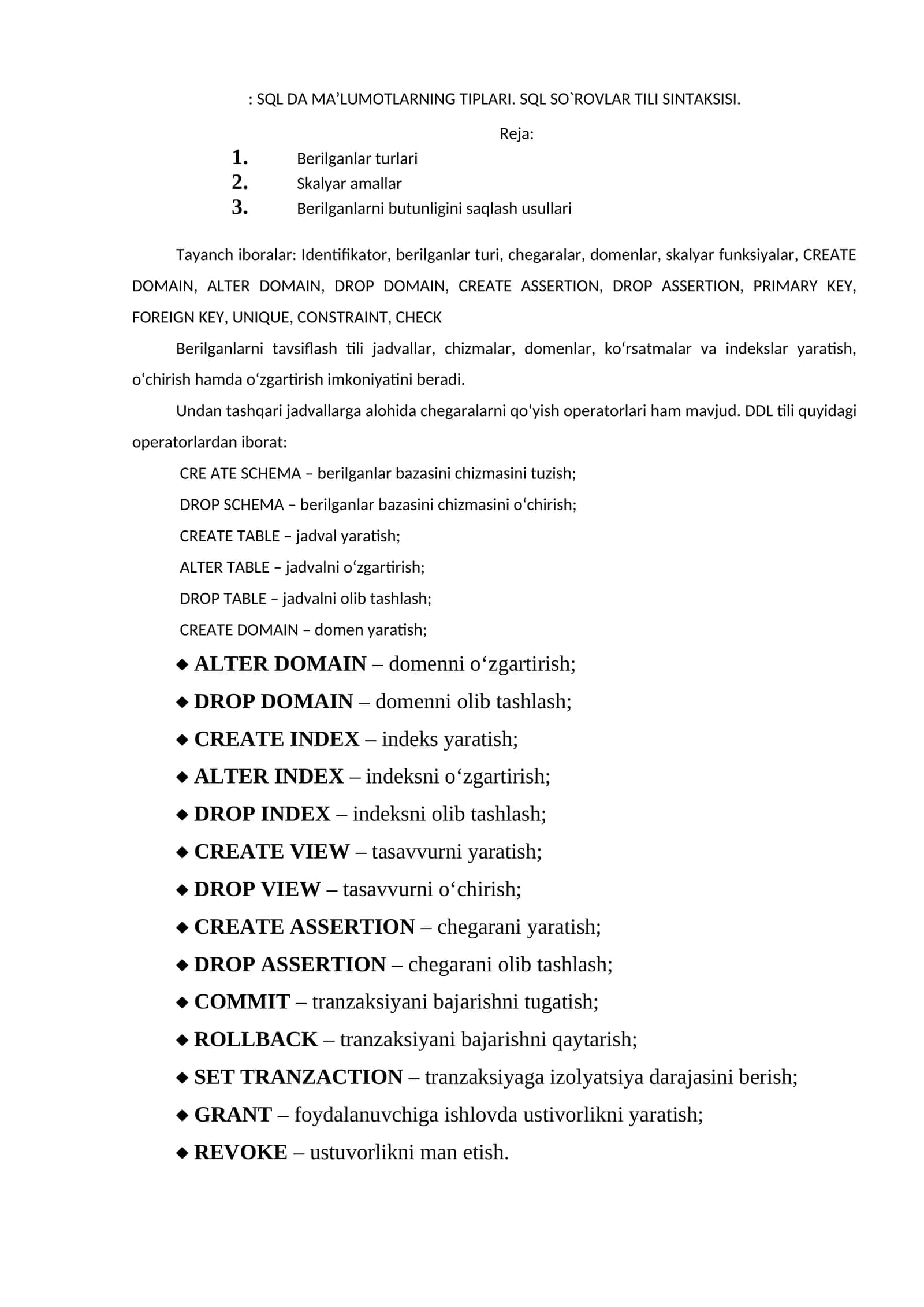 SQL DA MA’LUMOTLARNING TIPLARI. SQL SO`ROVLAR TILI SINTAKSISI 1