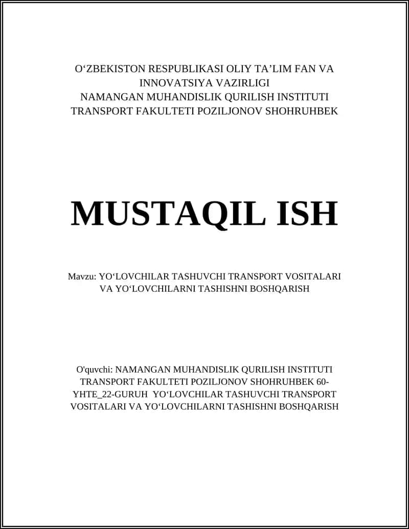 YOʻLOVCHILAR TASHUVCHI TRANSPORT VOSITALARI VA YOʻLOVCHILARNI TASHISHNI BOSHQARISH 1