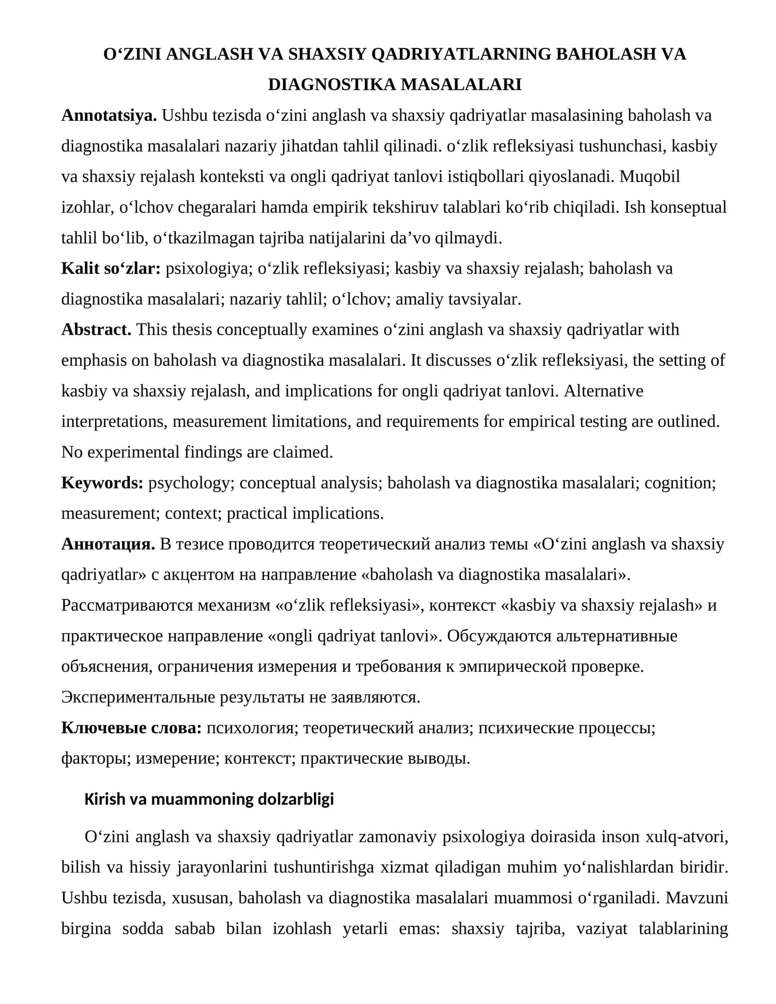 O‘ZINI ANGLASH VA SHAXSIY QADRIYATLARNING BAHOLASH VA DIAGNOSTIKA MASALALARI 1