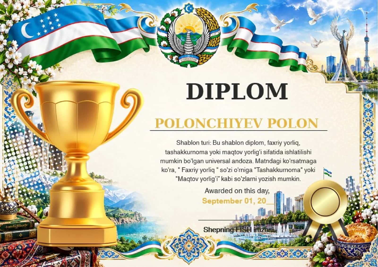 Shablon diplom, sertifikat, faxriy yorliq, tashakkurnoma yoki maqtov yorlig'i 1