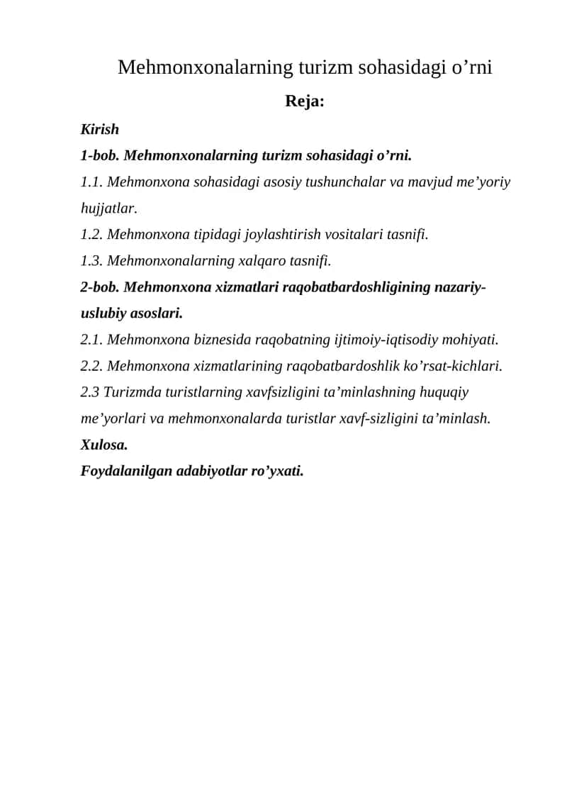 Меhmonxonalarning turizm sohasidagi o’rni 1