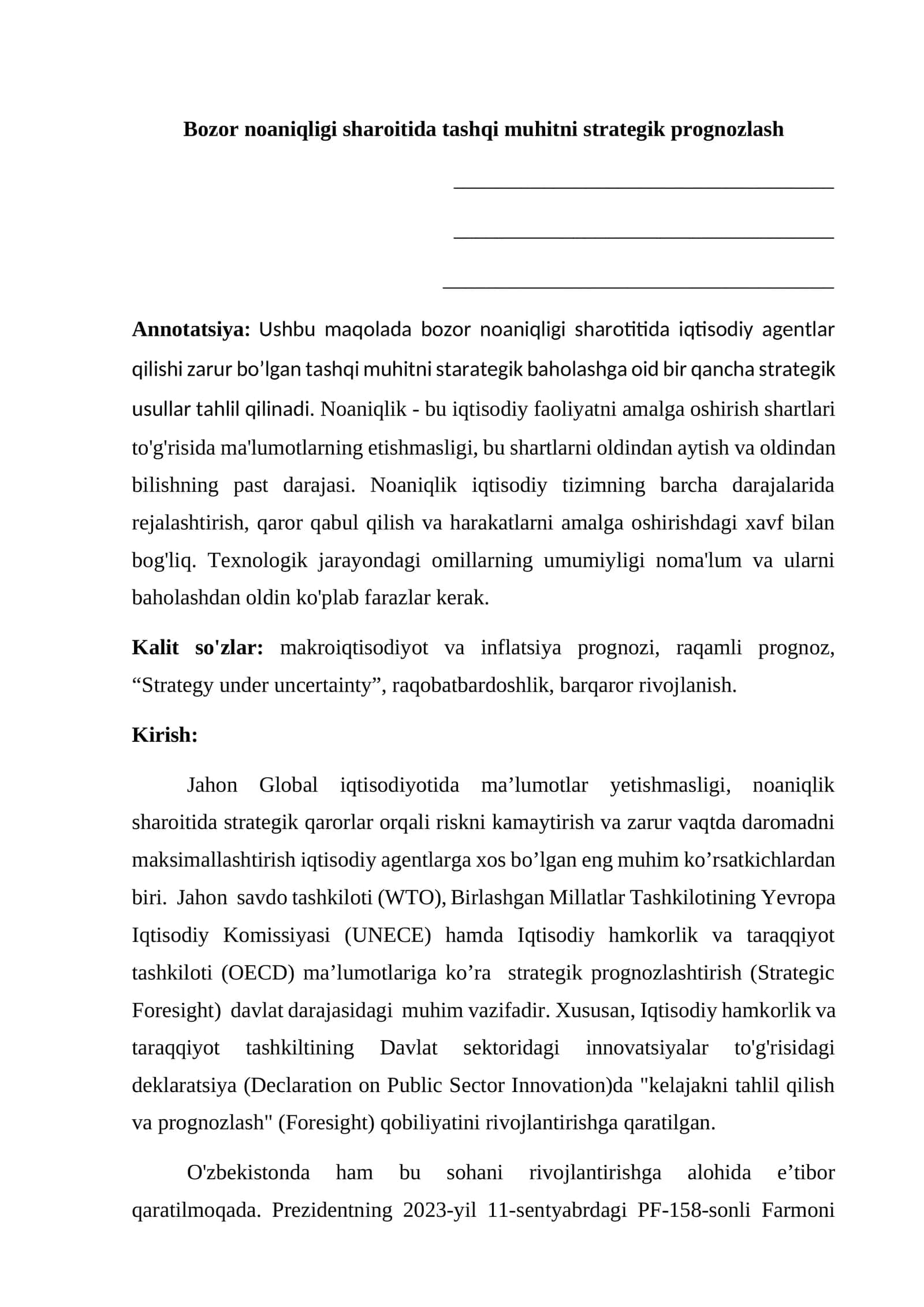 Bozor noaniqligi sharoitida tashqi muhitni strategik prognozlash 1