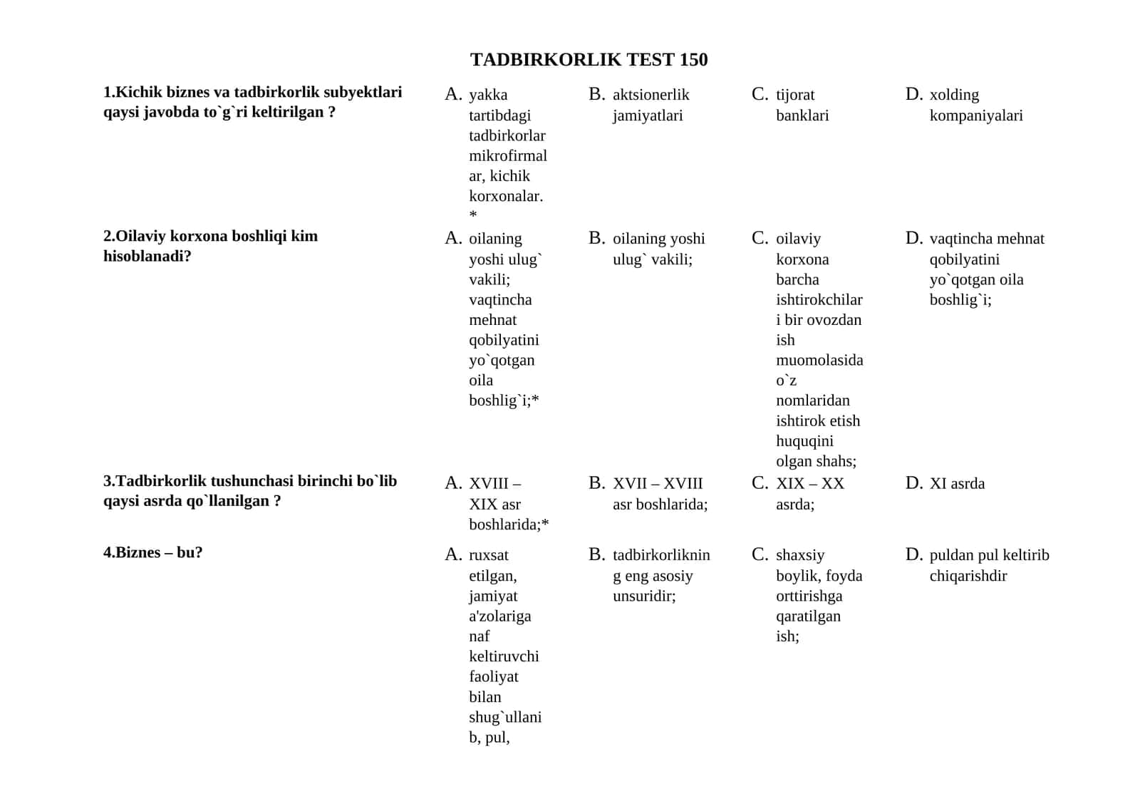 tadbirkorlik asoslari 150 ta 1