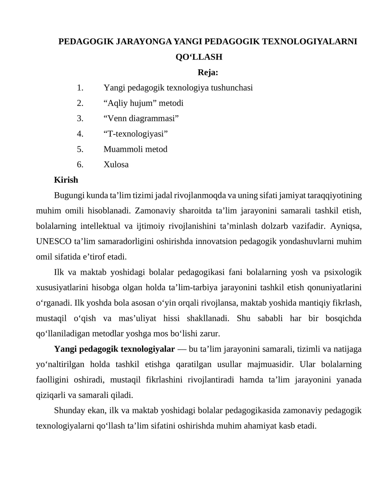 PEDAGOGIK JARAYONGA YANGI PEDAGOGIK TEXNOLOGIYALARNI QO‘LLASH 1