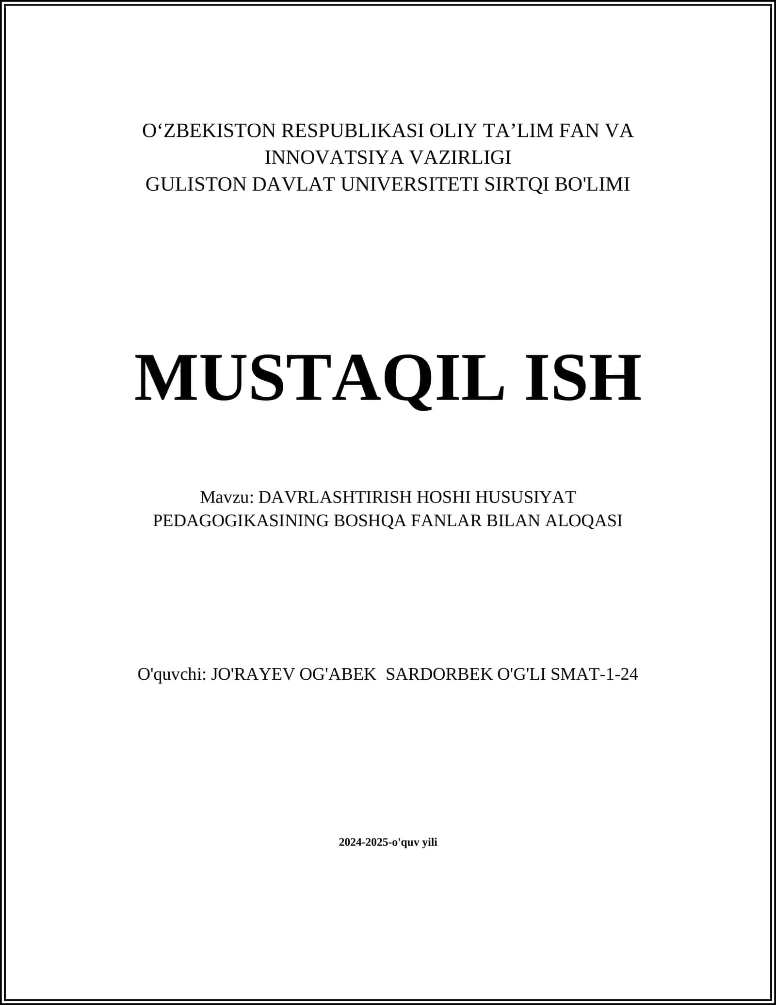 DAVRLASHTIRISH HOSHI HUSUSIYAT PEDAGOGIKASINING BOSHQA FANLAR BILAN ALOQASI 1