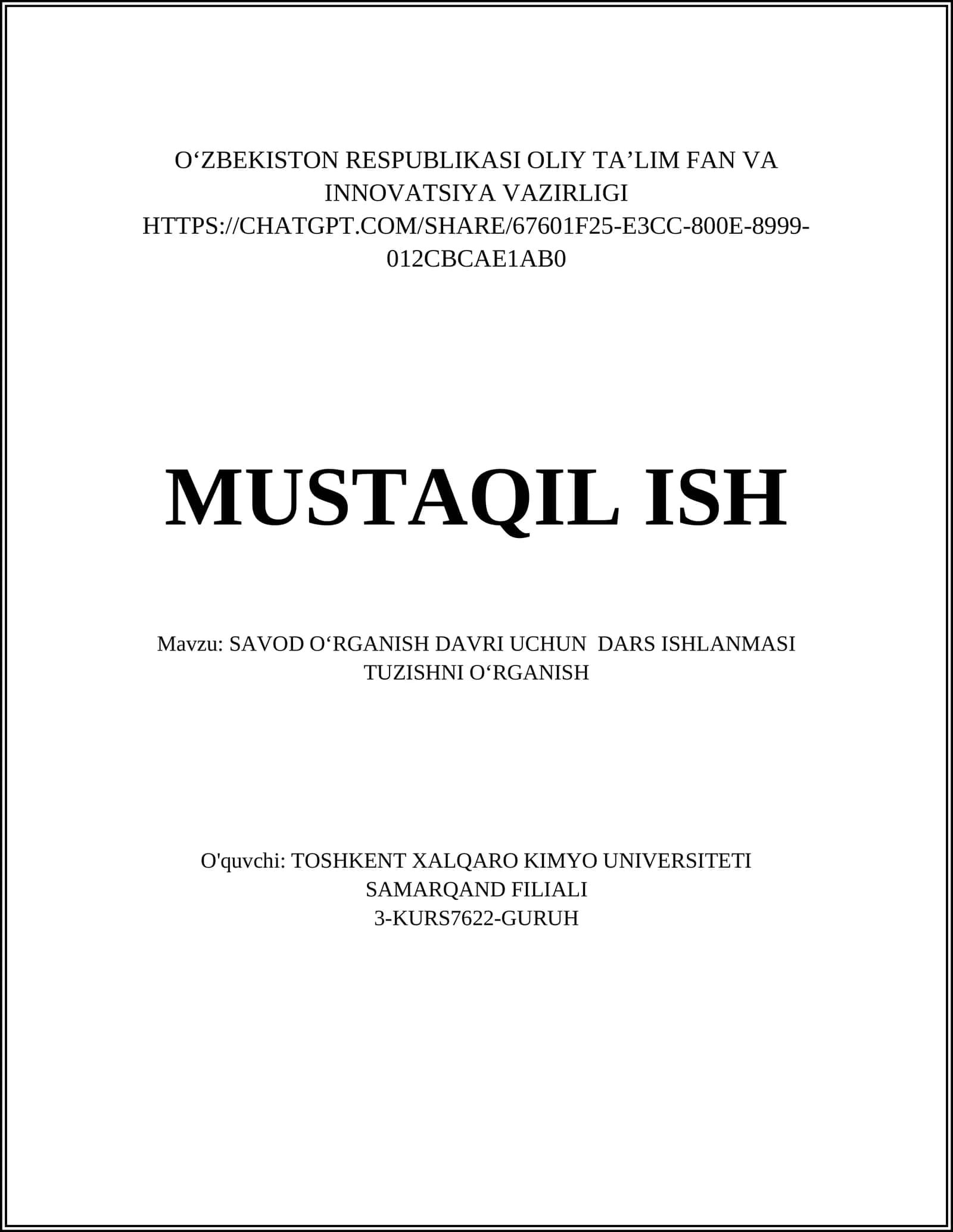 SAVOD OʻRGANISH DAVRI UCHUN DARS ISHLANMASI TUZISHNI OʻRGANISH 1