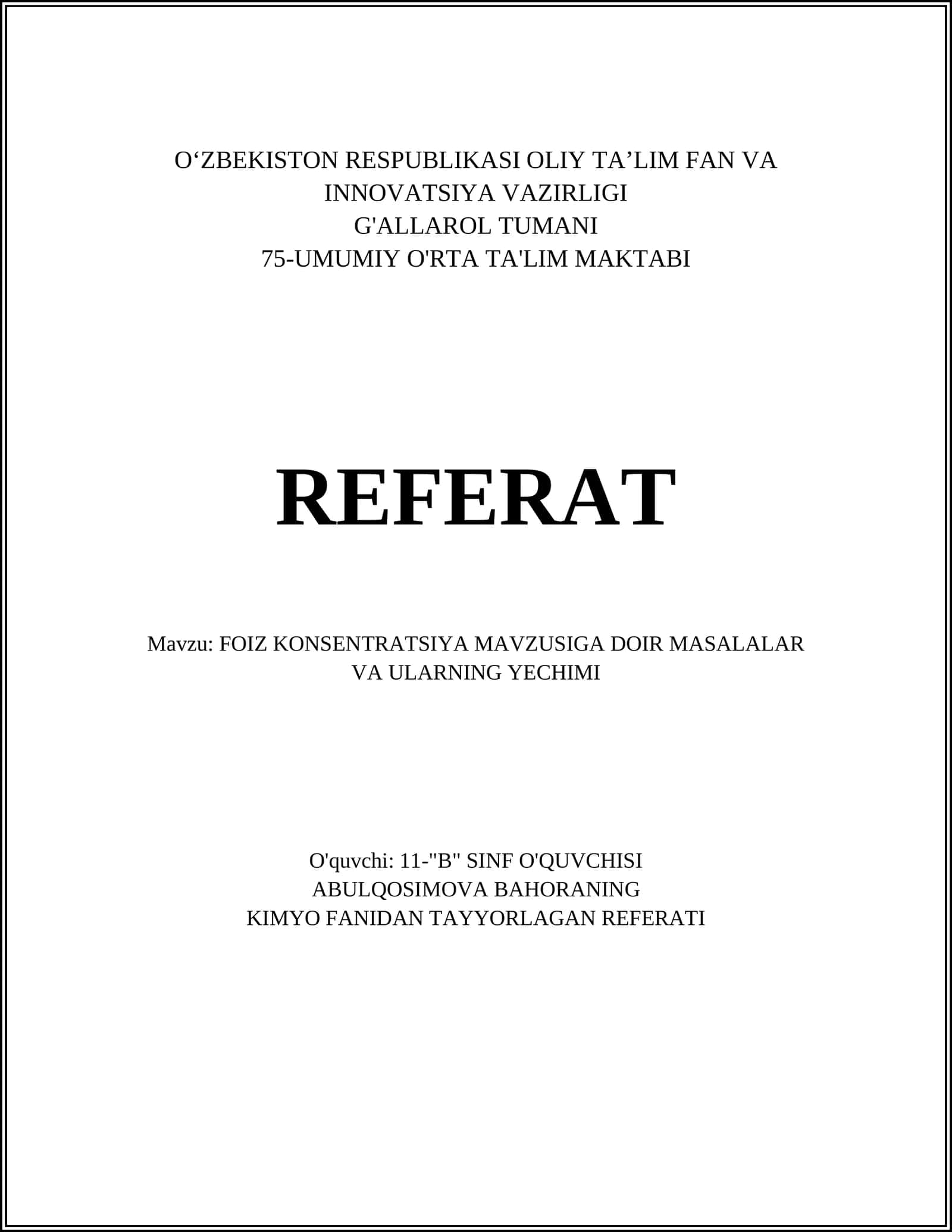 ABULQOSIMOVA BAHORANING KIMYO FANIDAN TAYYORLAGAN REFERATI 1