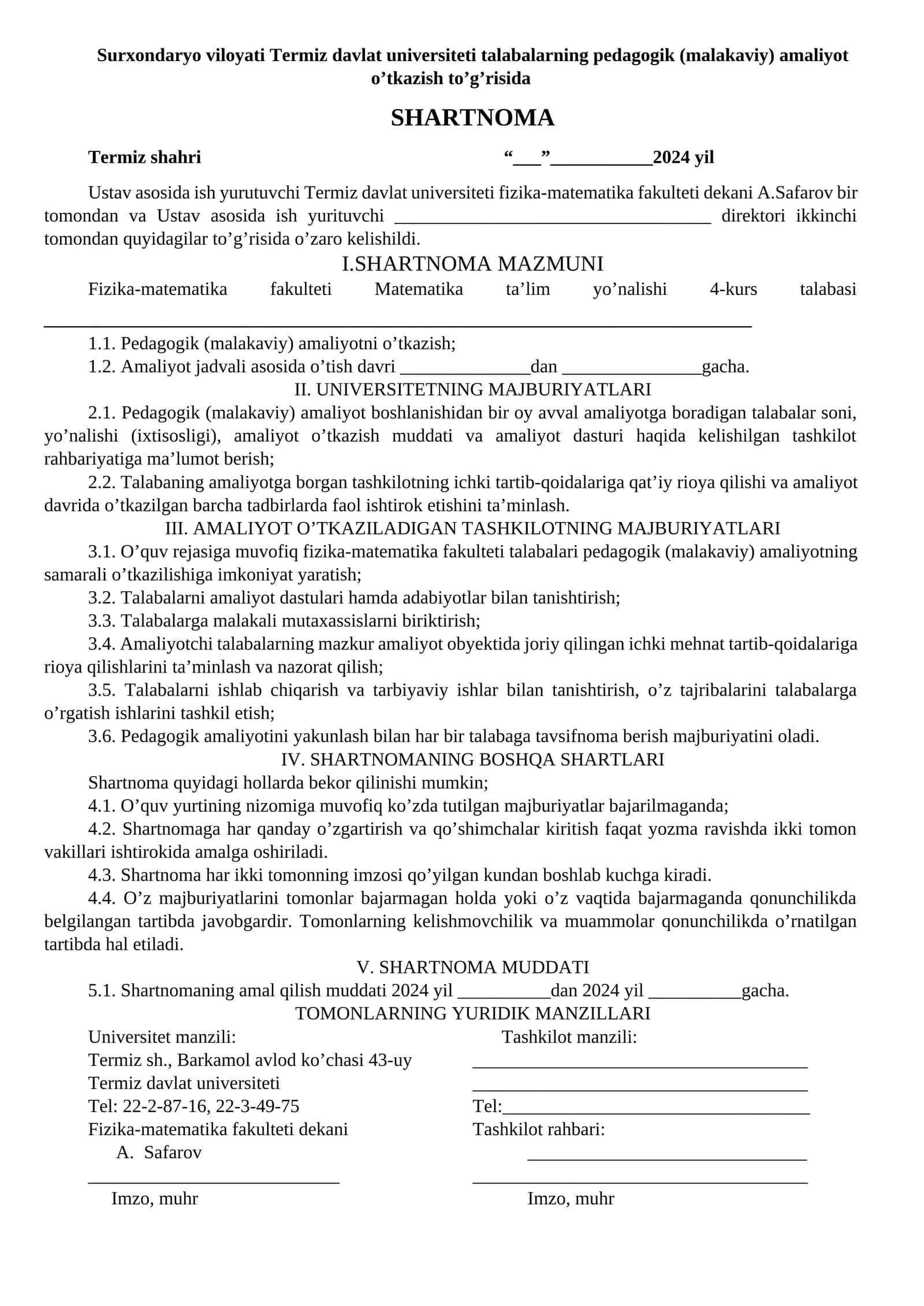 Talabalarning pedagogik (malakaviy) amaliyot o’tkazish to’g’risida SHARTNOMA 1
