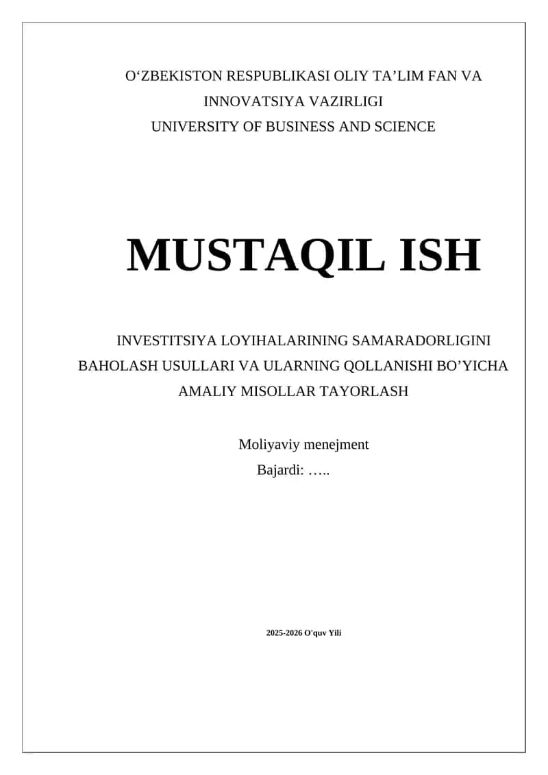 Investitsiya Loyihalarining Samaradorligini Baholash 1