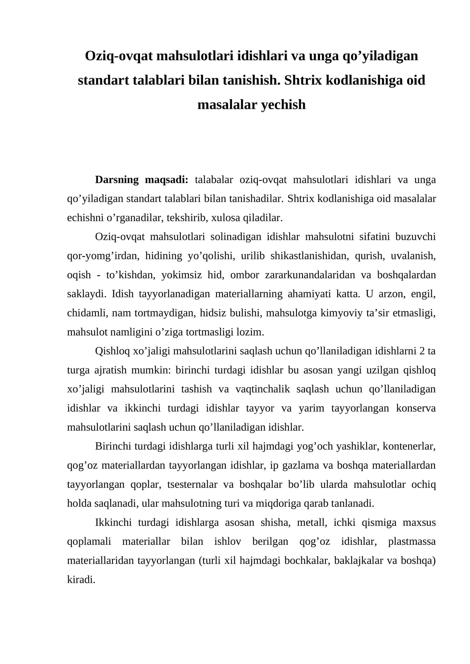 Oziq-ovqat mahsulotlari idishlari va unga qo’yiladigan standart talablari 1