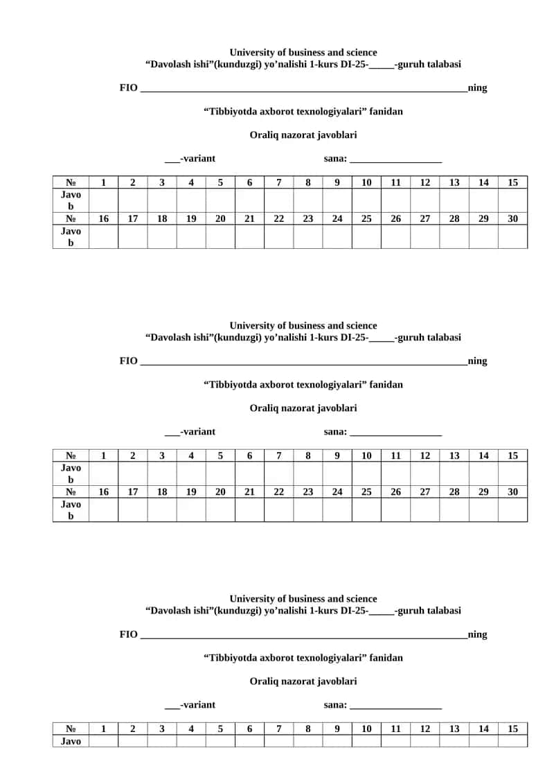 “Tibbiyotda axborot texnologiyalari” fanidan Oraliq nazorat javoblari 1