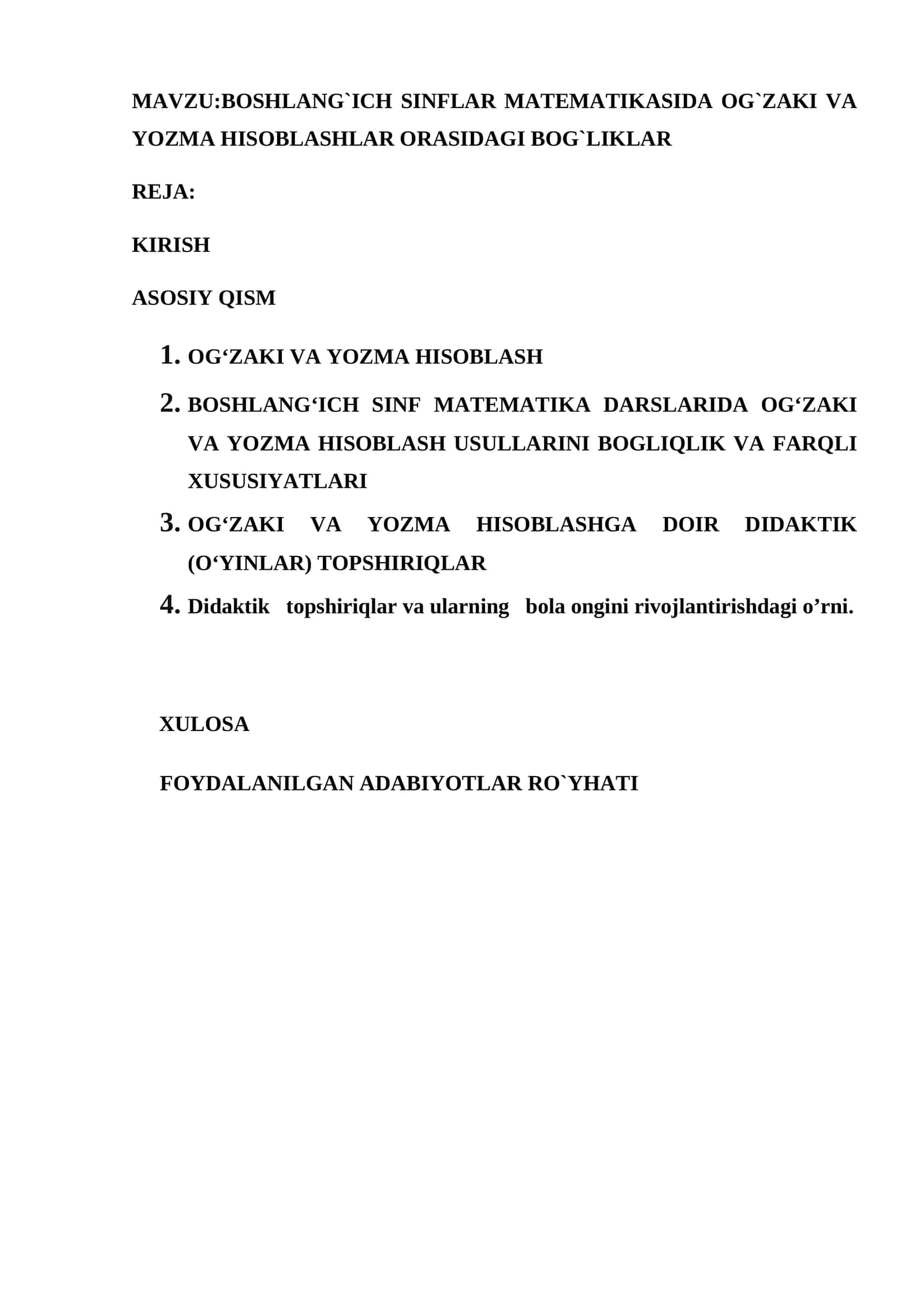 BOSHLANG`ICH SINFLAR MATEMATIKASIDA OG`ZAKI VA YOZMA HISOBLASHLAR ORASIDAGI BOG`LIKLAR 1