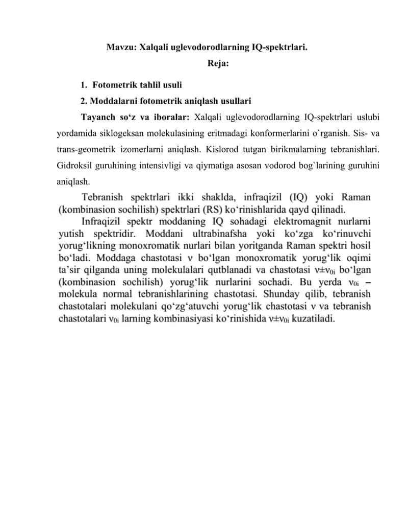 Xalqali uglevodorodlarning IQ-spektrlari 1
