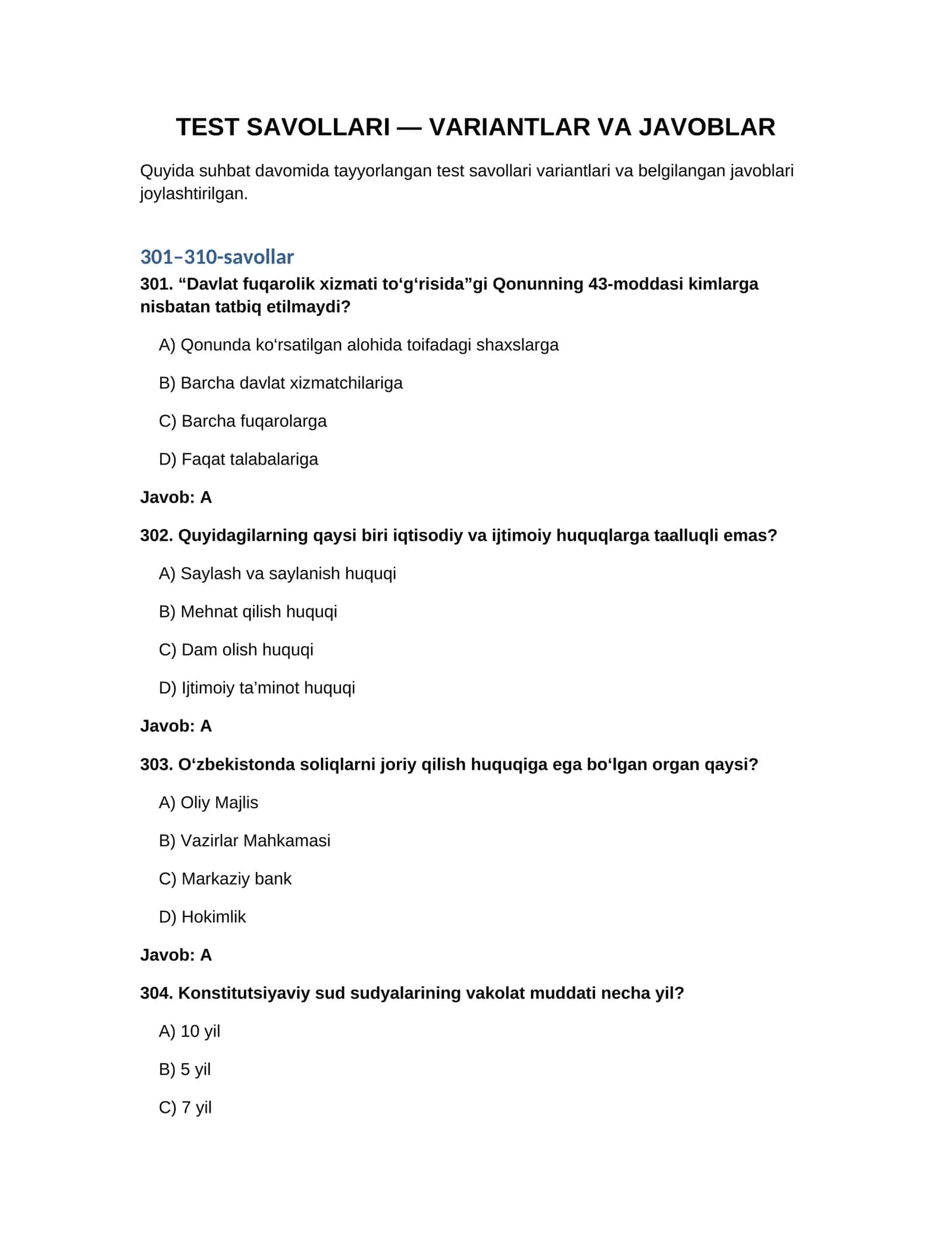 Davlat tili, Milliy qinunchilik bo'yicha testlar 1
