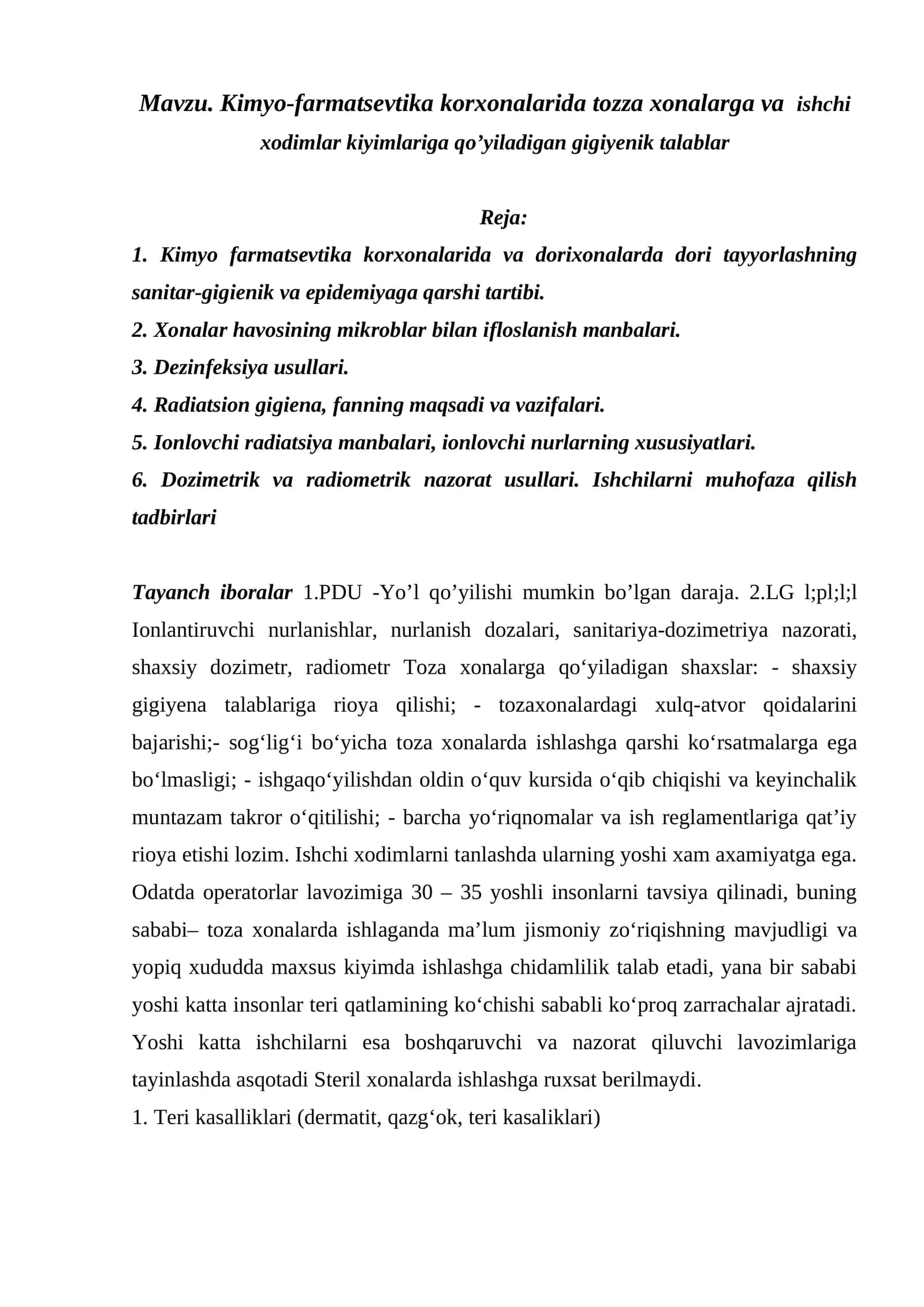 Kimyo-farmatsevtika korxonalarida tozza xonalarga va ishchi xodimlar kiyimlariga qo’yiladigan gigiyenik talablar 1