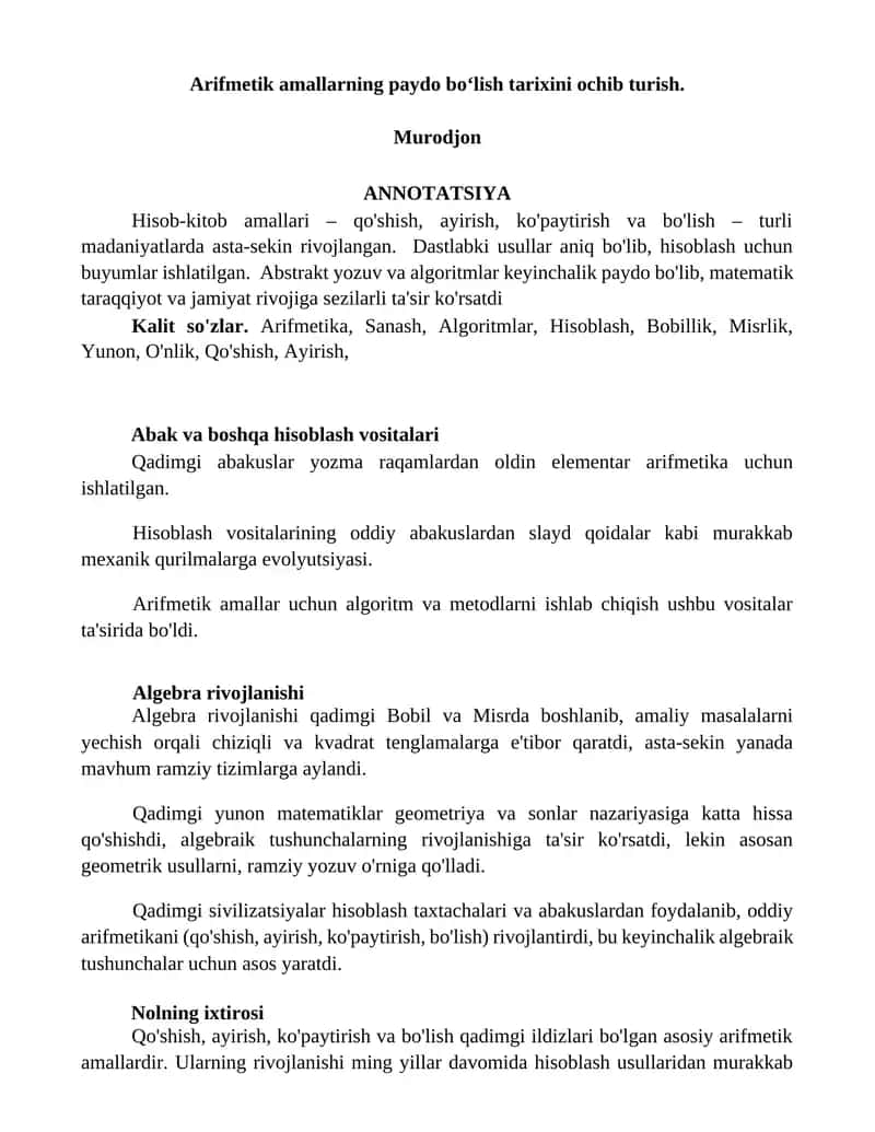 Arifmetik amallarning paydo bo‘lish tarixini ochib turish 1