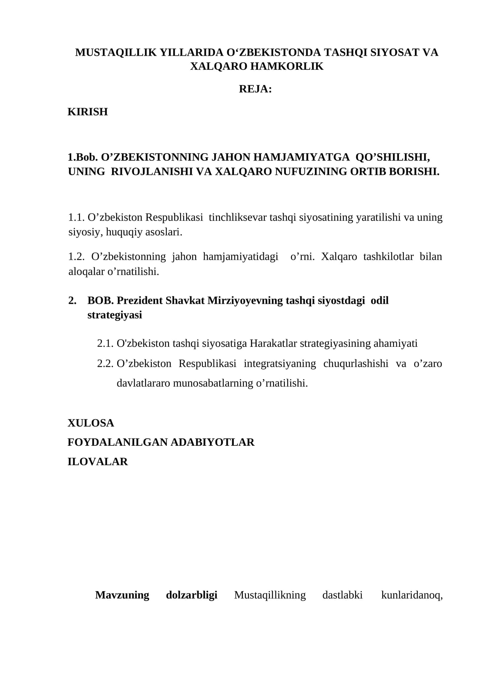 MUSTAQILLIK YILLARIDA O‘ZBEKISTONDA TASHQI SIYOSAT VA XALQARO HAMKORLIK 1