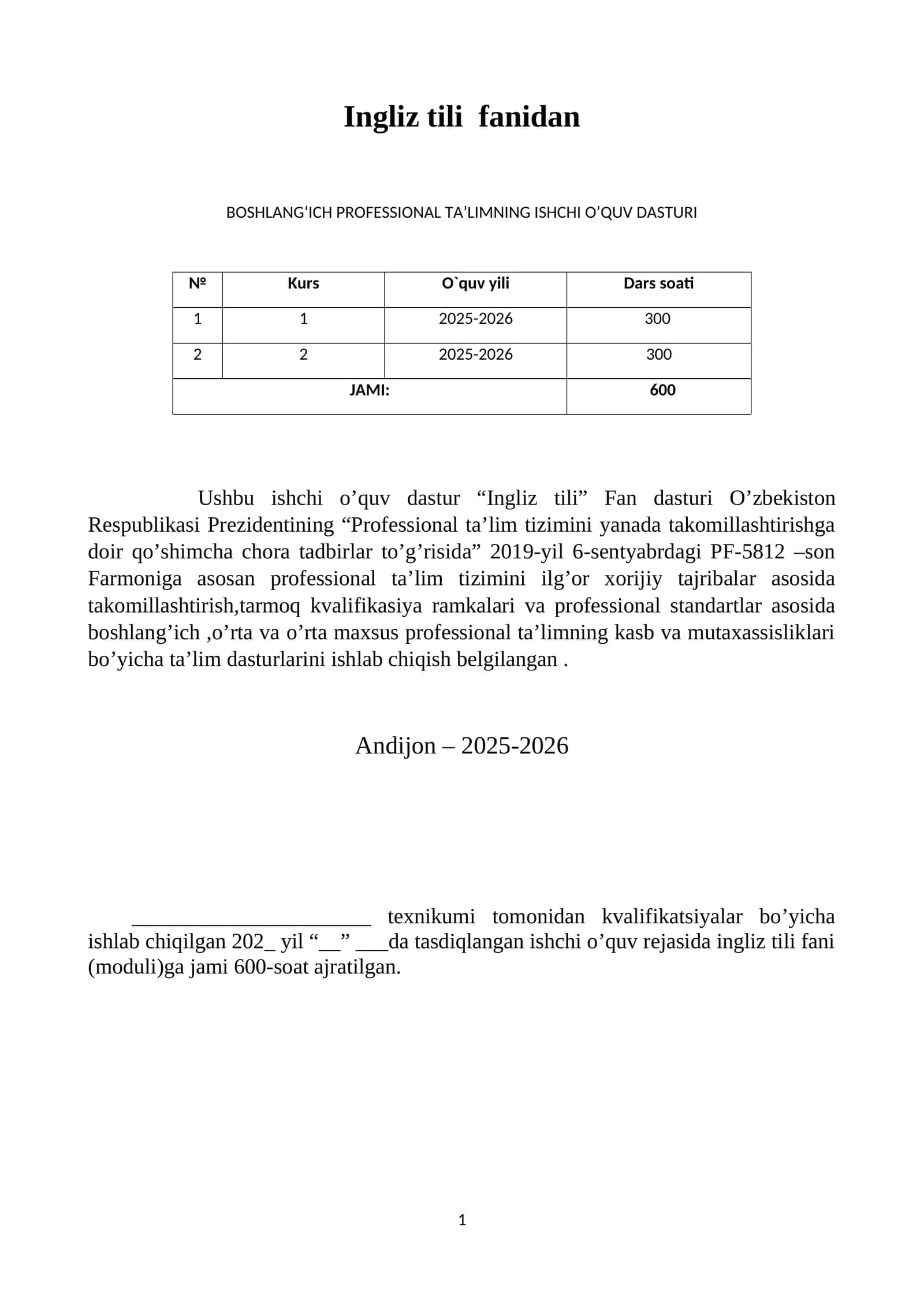 Ingliz tili ishchi o'quv dasturi 1