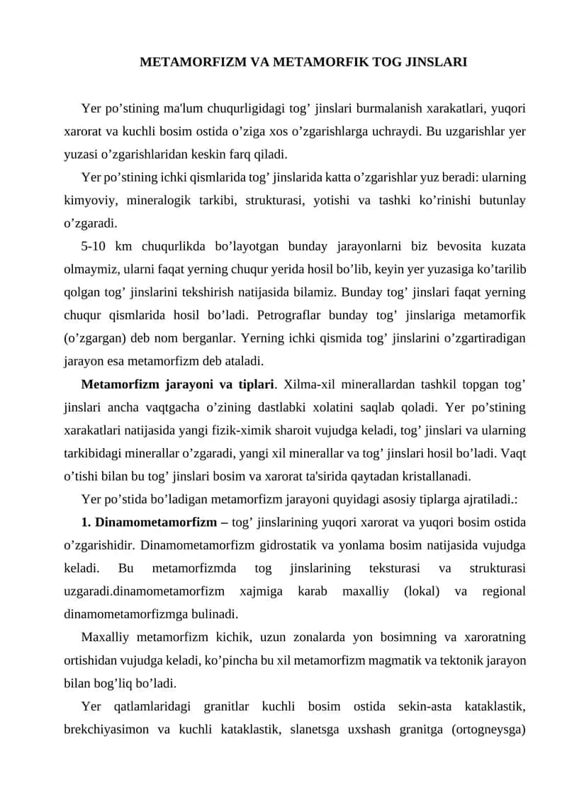 Metamorfizm va Metamorfik Tog Jinslari 1