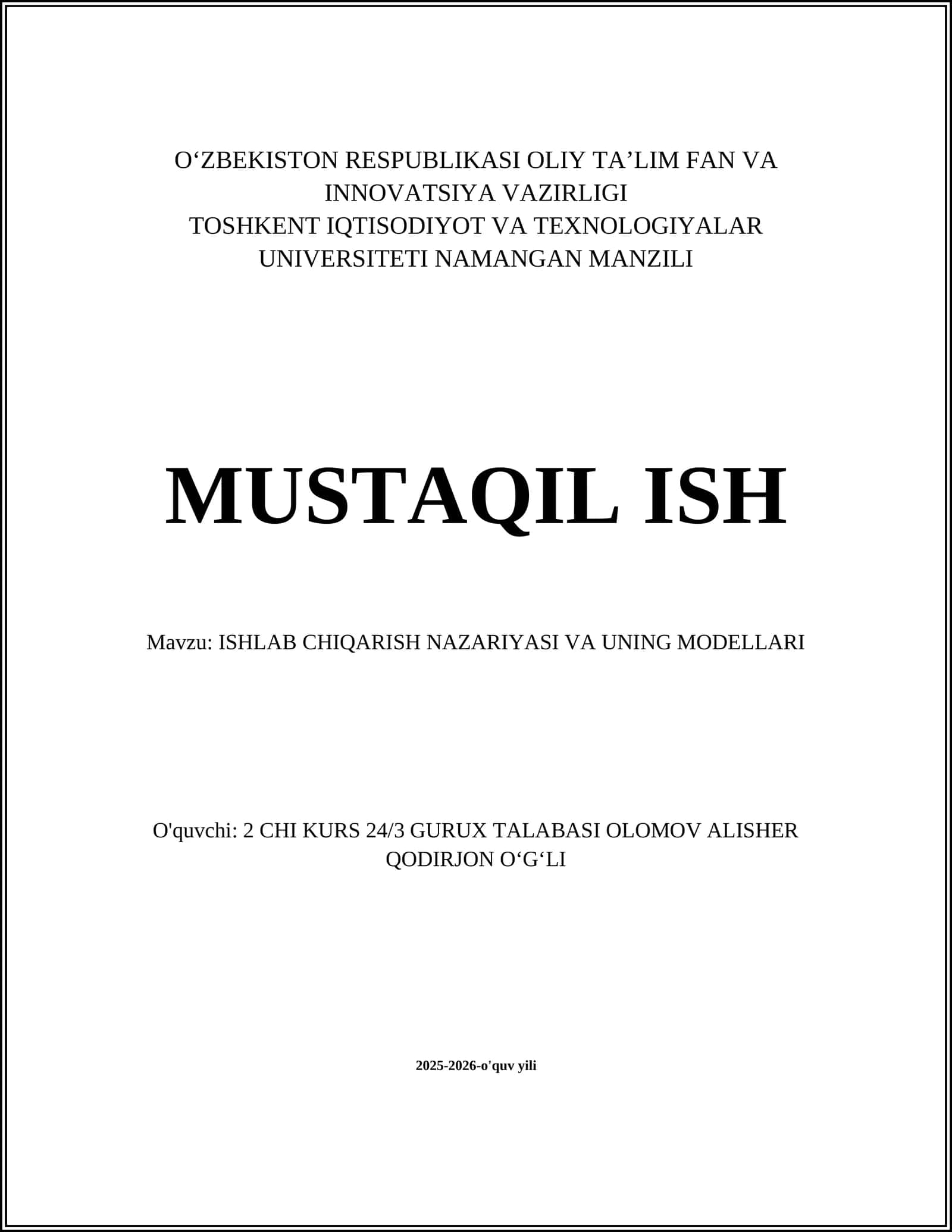 ISHLAB CHIQARISH NAZARIYASI VA UNING MODELLARI 1