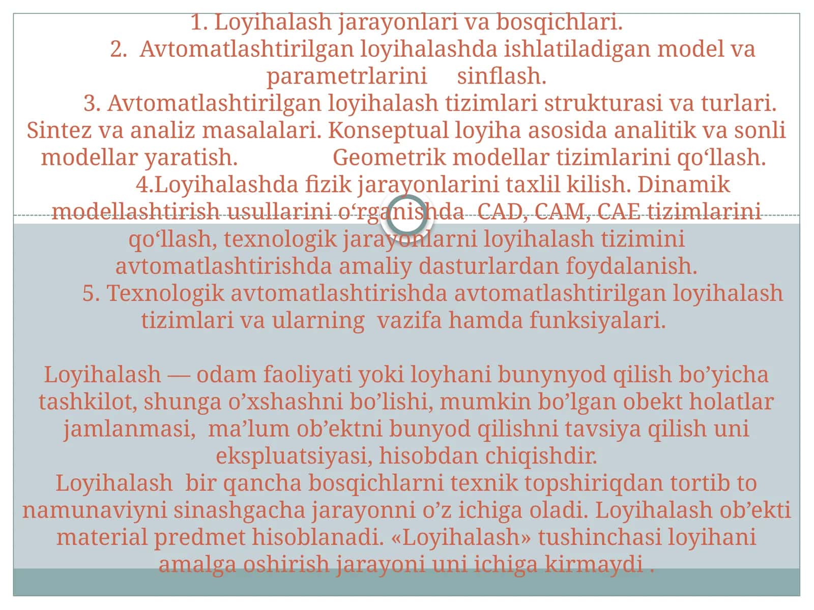 Avtomatlashtirilgan loyihalash tizimlari 1