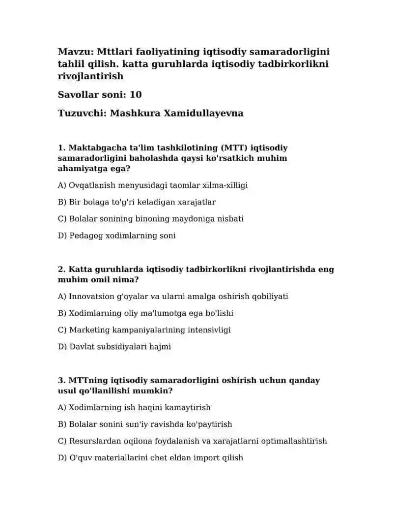 Maktabgacha ta'lim tashkilotining (MTT) iqtisodiy samaradorligini baholash