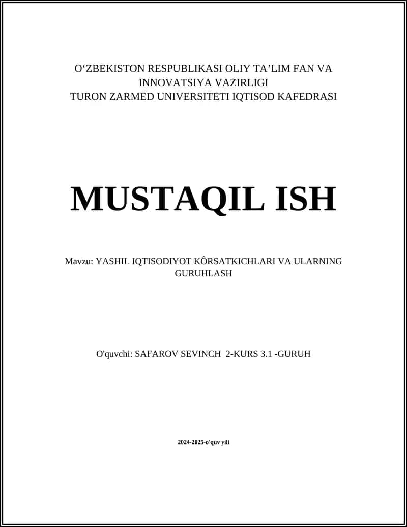 YASHIL IQTISODIYOT KÔRSATKICHLARI VA ULARNING GURUHLASH 1