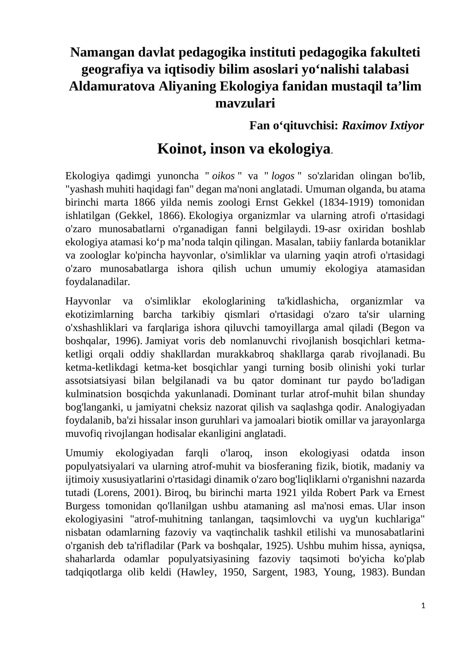 Ekologiya fanidan mustaqil ta’lim mavzulari 1