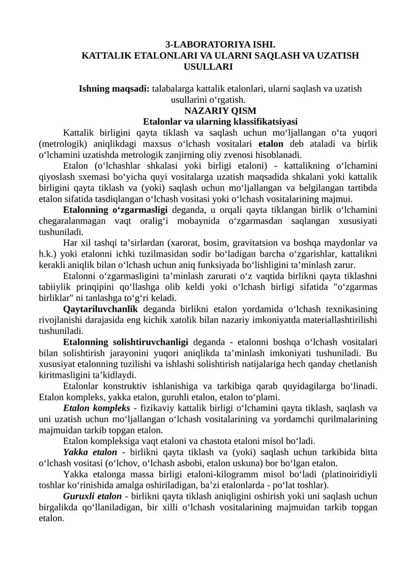 KATTALIK ETALONLARI VA ULARNI SAQLASH VA UZATISH USULLARI 1