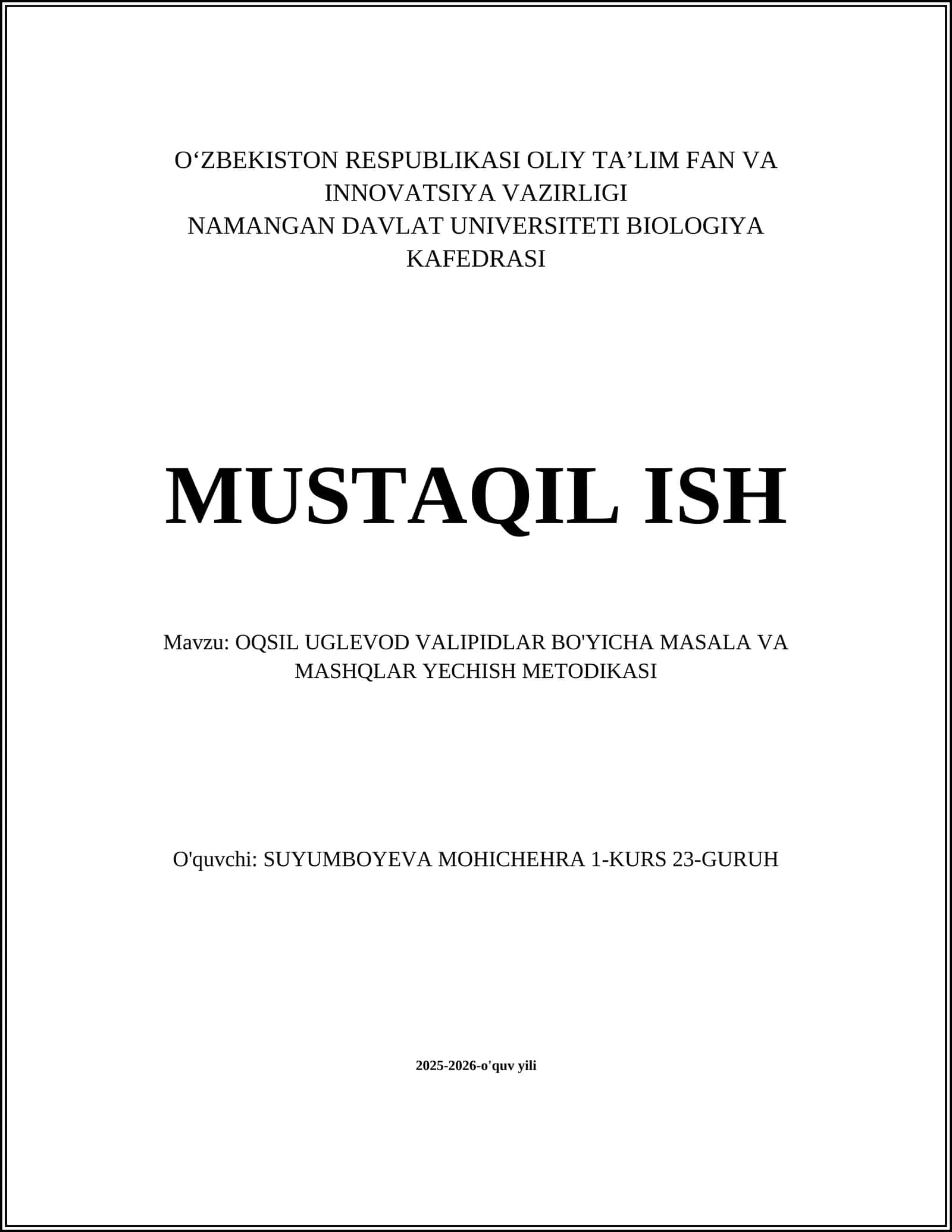 Oqsil Uglevod Valipidlar Bo'yoicha Masala va Mashqlar Yechish Metodikasi 1