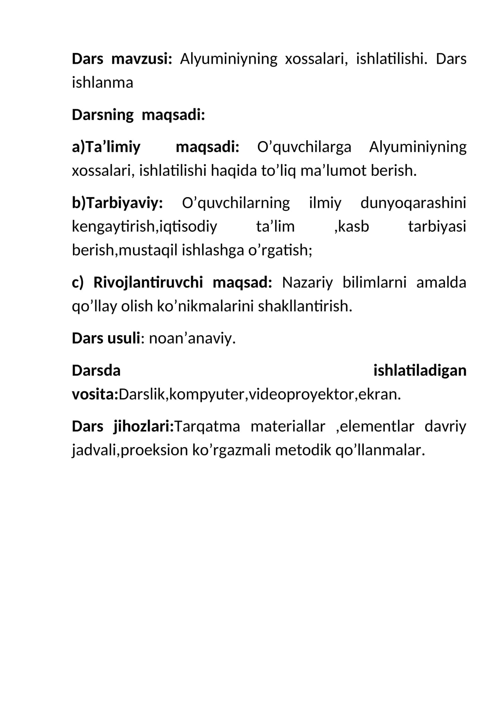 Alyuminiyning xossalari, ishlatilishi 1