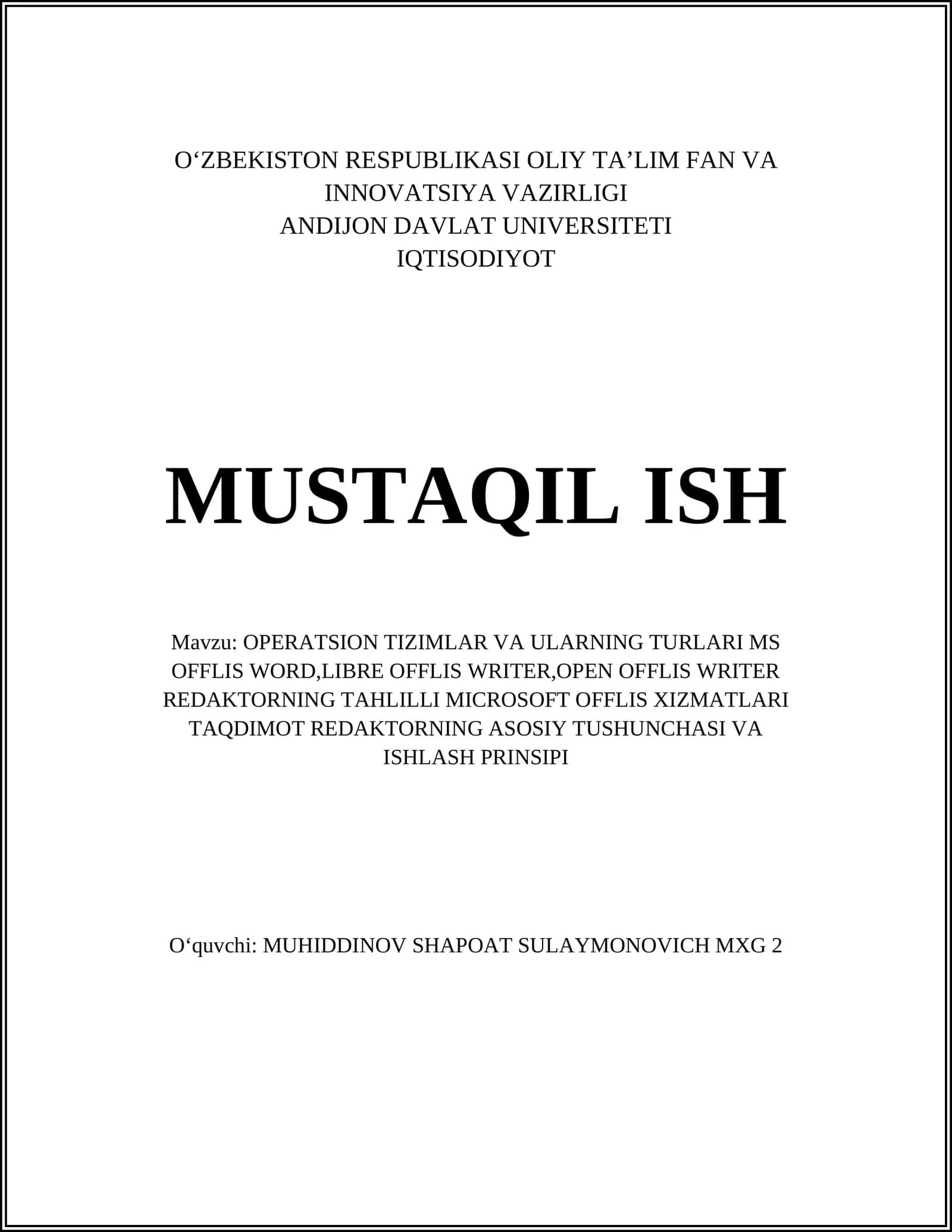 OPERATSION TIZIMLAR VA ULARNING TURLARI MS OFFLIS WORD,LIBRE OFFLIS WRITER,OPEN OFFLIS WRITER REDAKTORNING TAHLILLI MICROSOFT OFFLIS XIZMATLARI 1