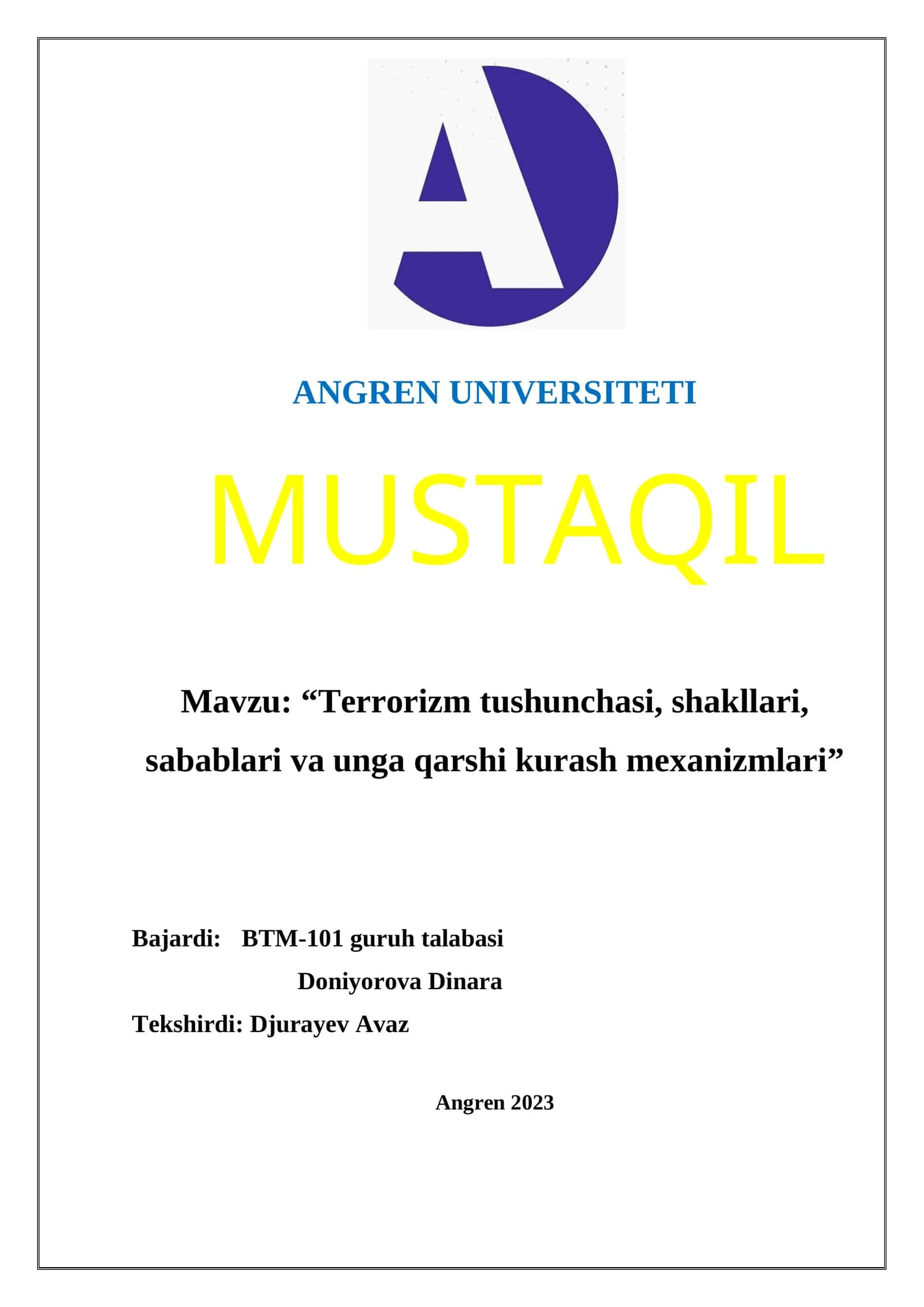 “Terrorizm tushunchasi, shakllari, sabablari va unga qarshi kurash mexanizmlari” 1