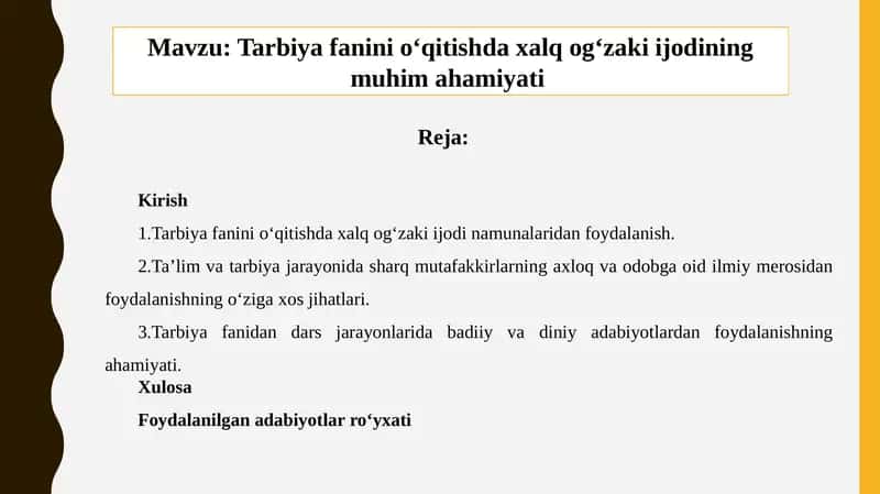 Tarbiya fanini o‘qitishda xalq og‘zaki ijodining muhim ahamiyati 1