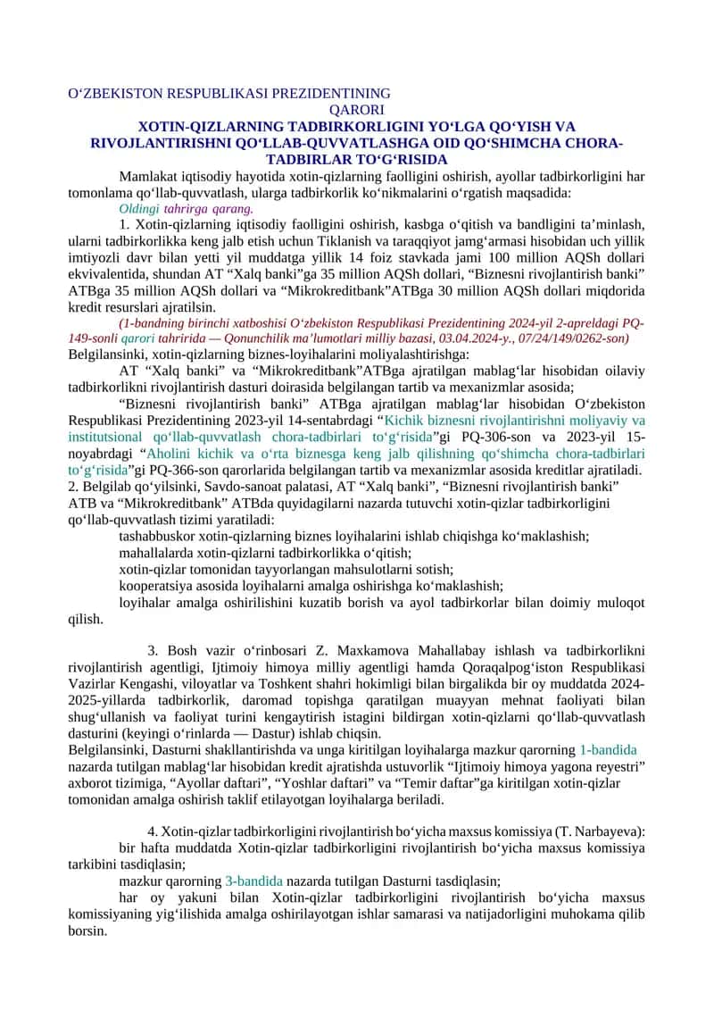 XOTIN-QIZLARNING TADBIRKORLIGINI YO‘LGA QO‘YISH VA RIVOJLANTIRISHNI QO‘LLAB-QUVVATLASHGA OID QO‘SHIMCHA CHORA-TADBIRLAR TO‘G‘RISIDA 1
