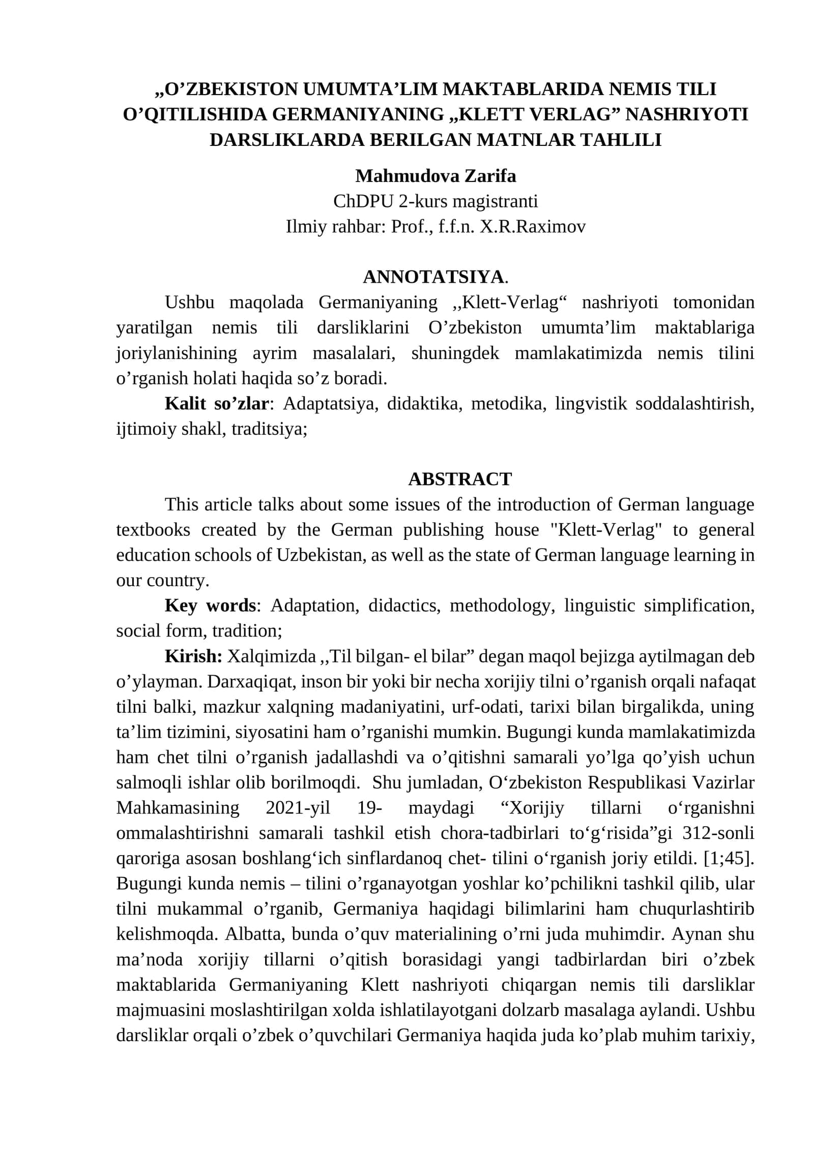 O’ZBEKISTON UMUMTA’LIM MAKTABLARIDA NEMIS TILI O’QITILISHIDA GERMANIYANING,,KLETT VERLAG” NASHRIYOTI DARSLIKLARDA BERILGAN MATNLAR TAHLILI 1