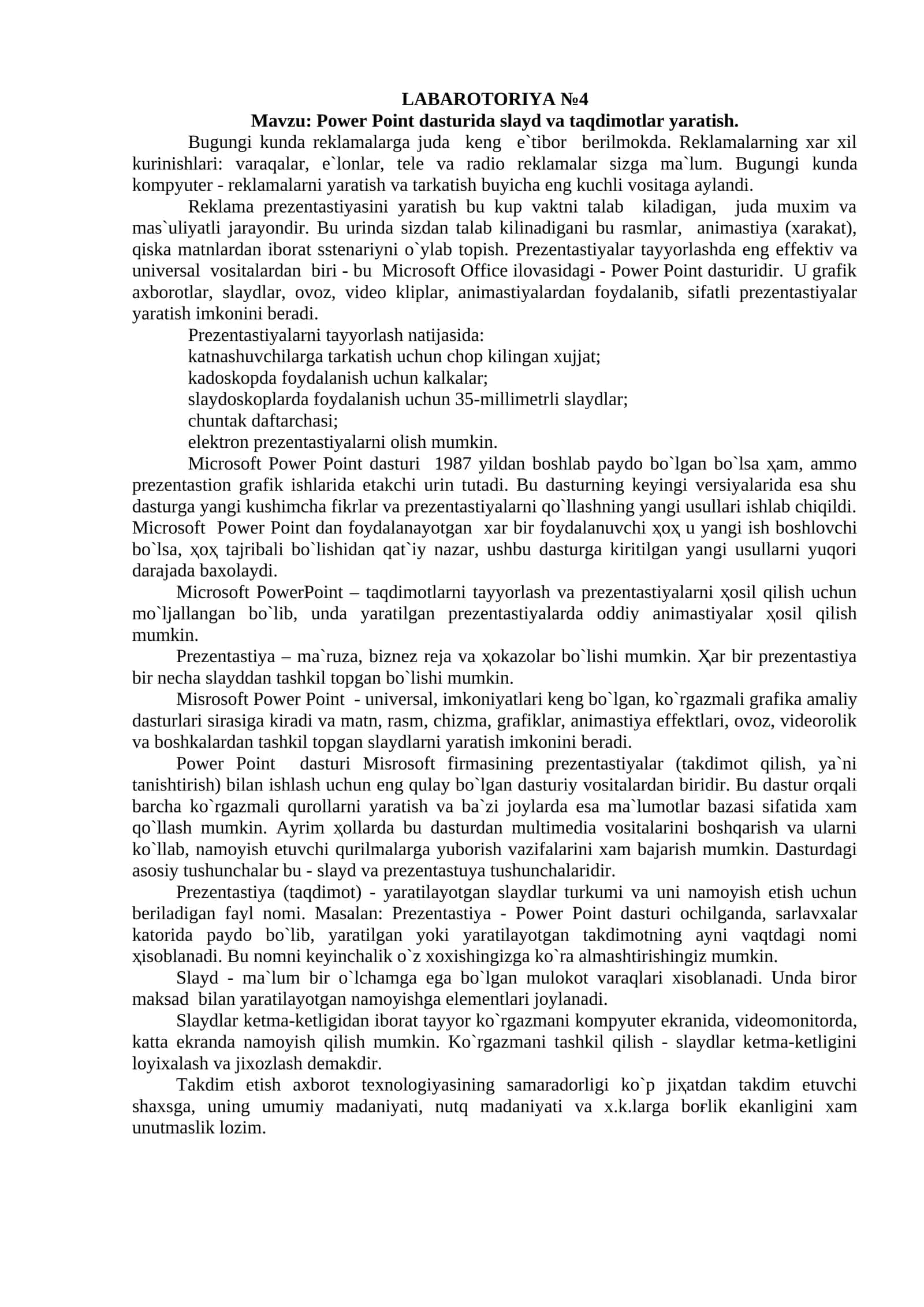 Power Point dasturida slayd va taqdimotlar yaratish 1