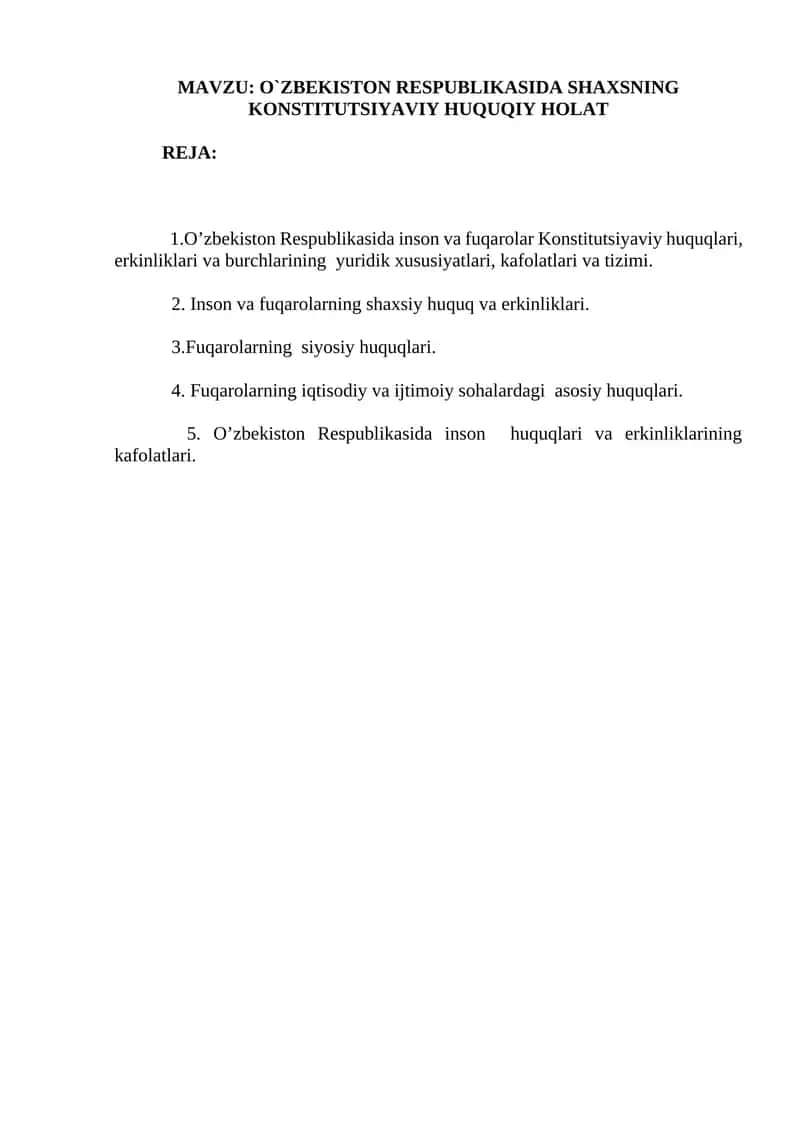 O`zbekiston Respublikasida Shaxsning Konstitutsiyaviy Huquqiy Holat 1