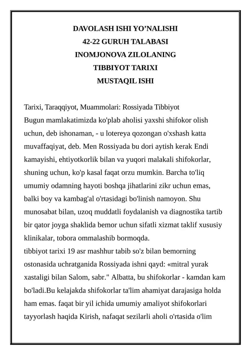 Rossiyada Tibbiyot Tarixi 1