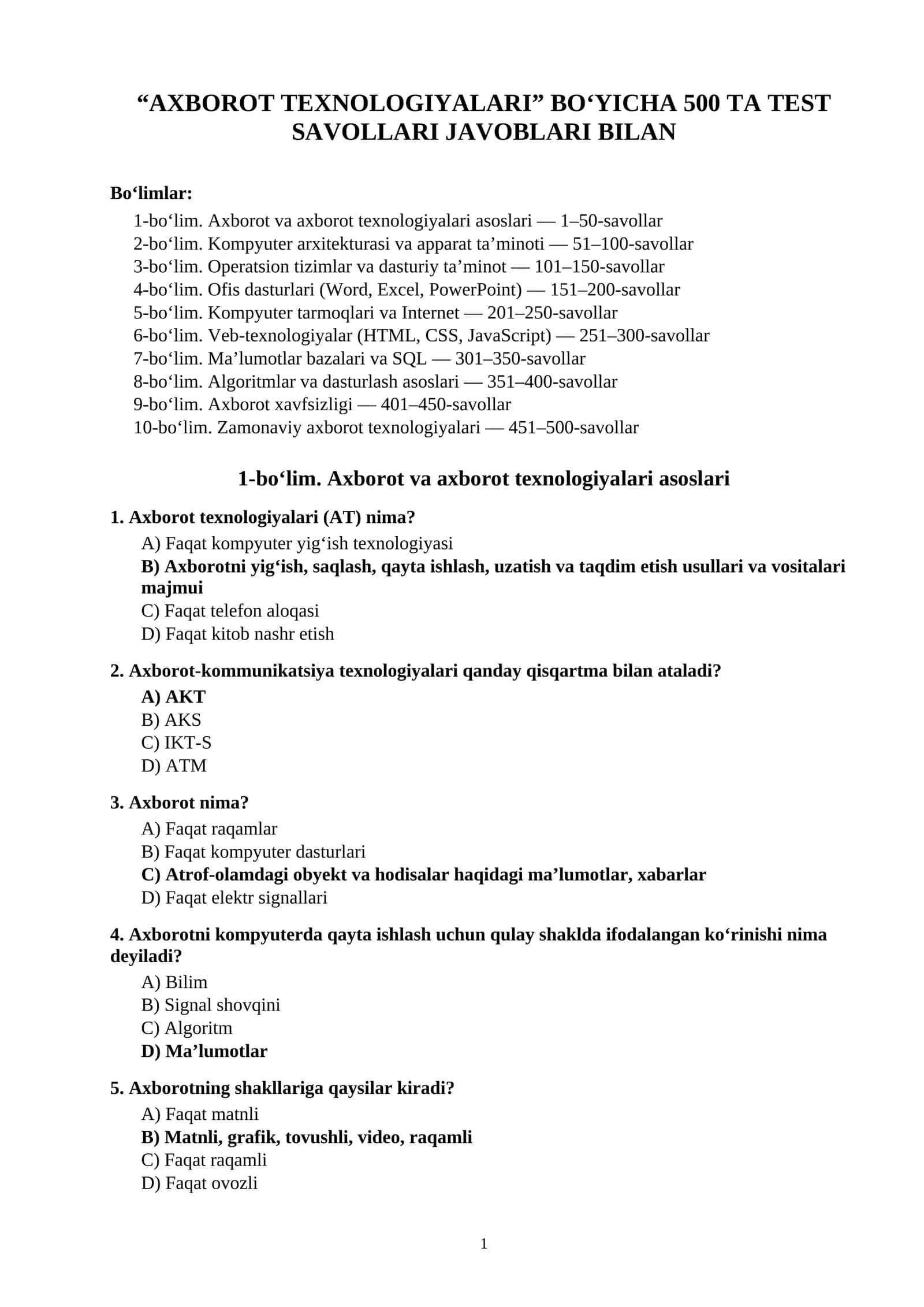 “AXBOROT TEXNOLOGIYALARI” BO‘YICHA 500 TA TEST SAVOLLARI JAVOBLARI BILAN 1